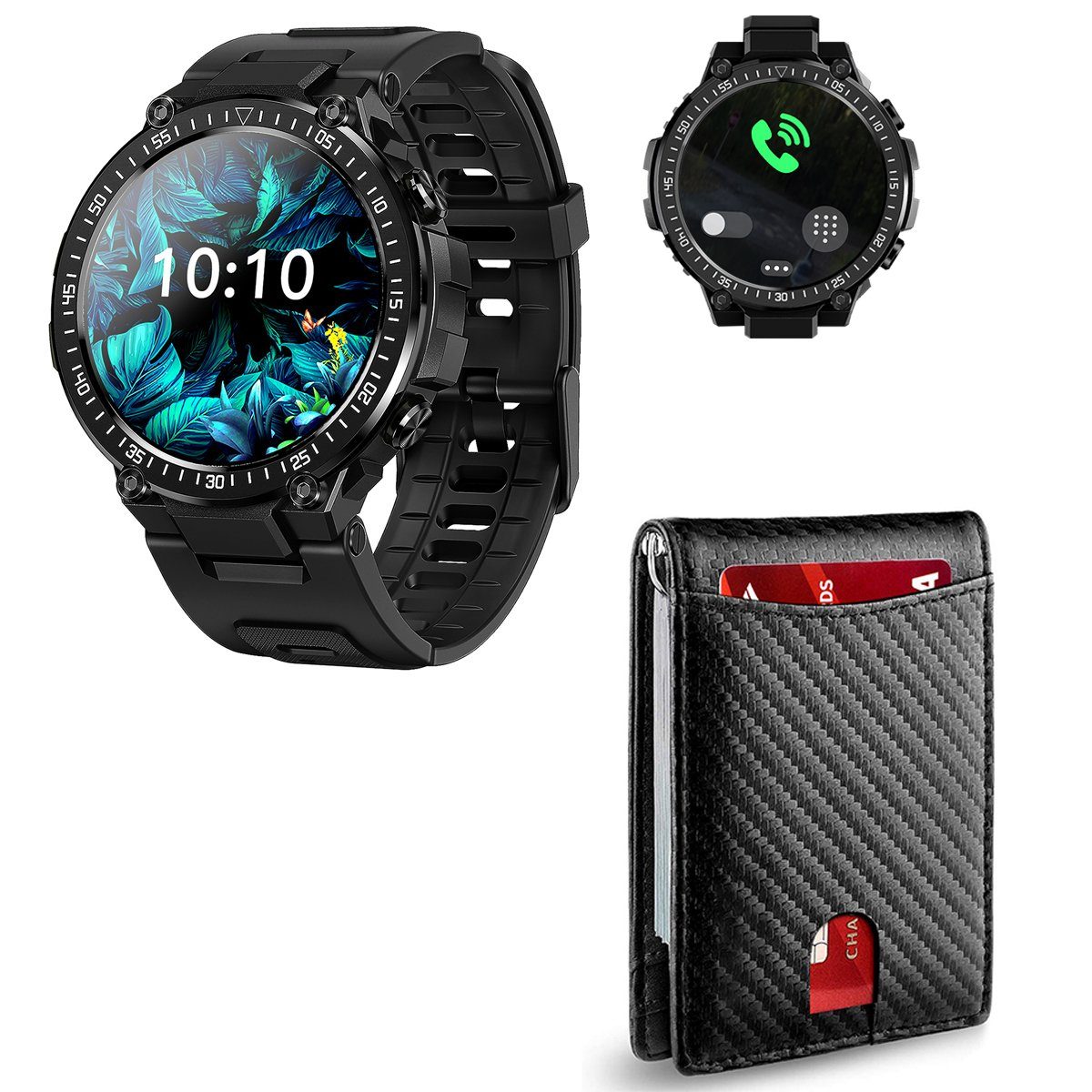 HYIEAR Smartwatch Damen Herren, 1,39", Portmonee Herren mit RFID-Schutz Smartwatch, 2-tlg., Wird mit USB-Ladekabel geliefert., Sportarmbänder, Fitnessuhren, Gesundheitsfunktionen