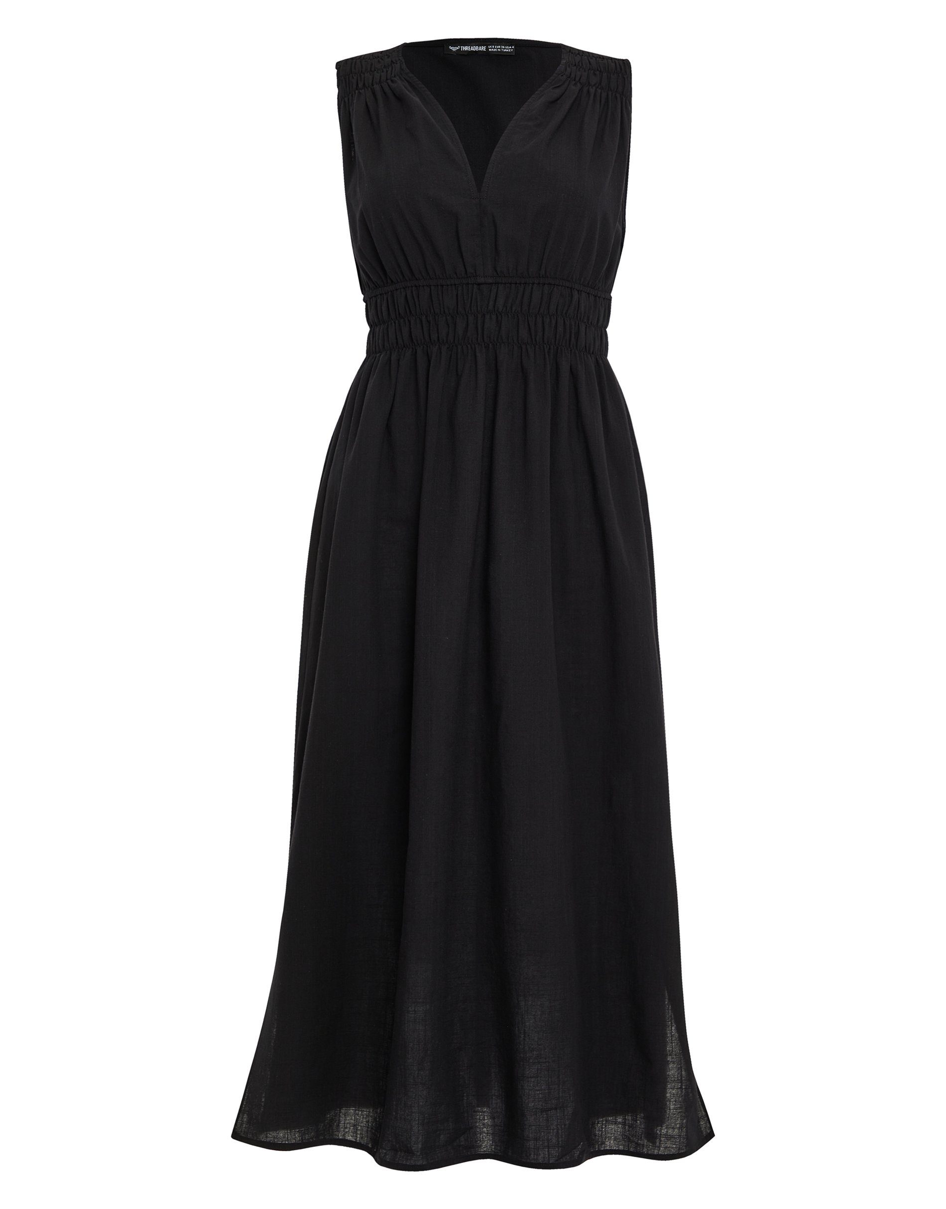 Black Threadbare Waisted Dress Midi Sommerkleid - schwarz THB Peppercorn Linen