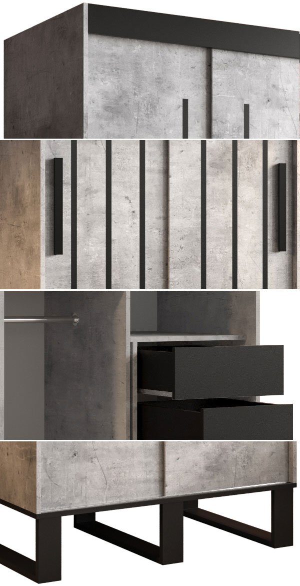 Loft wählbar schwarz mit Schubladen beton Breite Feldmann-Wohnen Schiebetürenschrank / und (Loft) Zierleisten