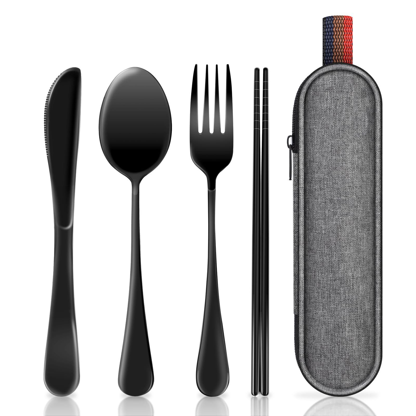 FOUORTUNATE-BEE Besteck-Set 5 Stück Edelstahl Reisebesteck mit Etui Tragbares Besteckset, Edelstahl, Campingbesteck für Unterwegs, Outdoor, Reise, Arbeit, Schule