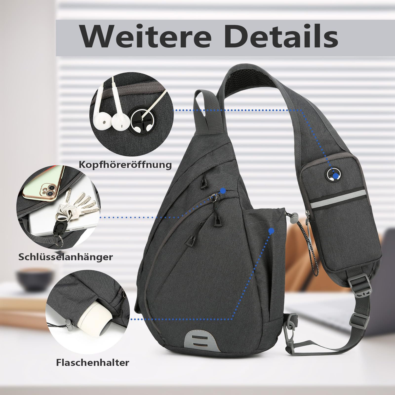 Zaewry Umhängetasche Sling Chest Crossbody Bag,Wasserdicht Schultertasche,mit Kopfhörerloch, Geeignet für Reisen, Fitnessstudio, Wandern, Büro, Radfahren usw. – Bild 5 von 5