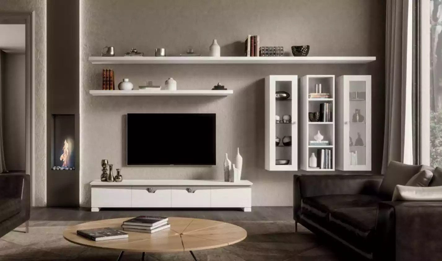 Xlmoebel Wohnwand Modernes Wohnzimmer-Set aus Holz in Weiß mit viel Stauraum, (6-St., Set 6tlg. Wohnwand (Lowboard + 3x Wandschränke + 2x Wandregale), Hergestellt in Europa