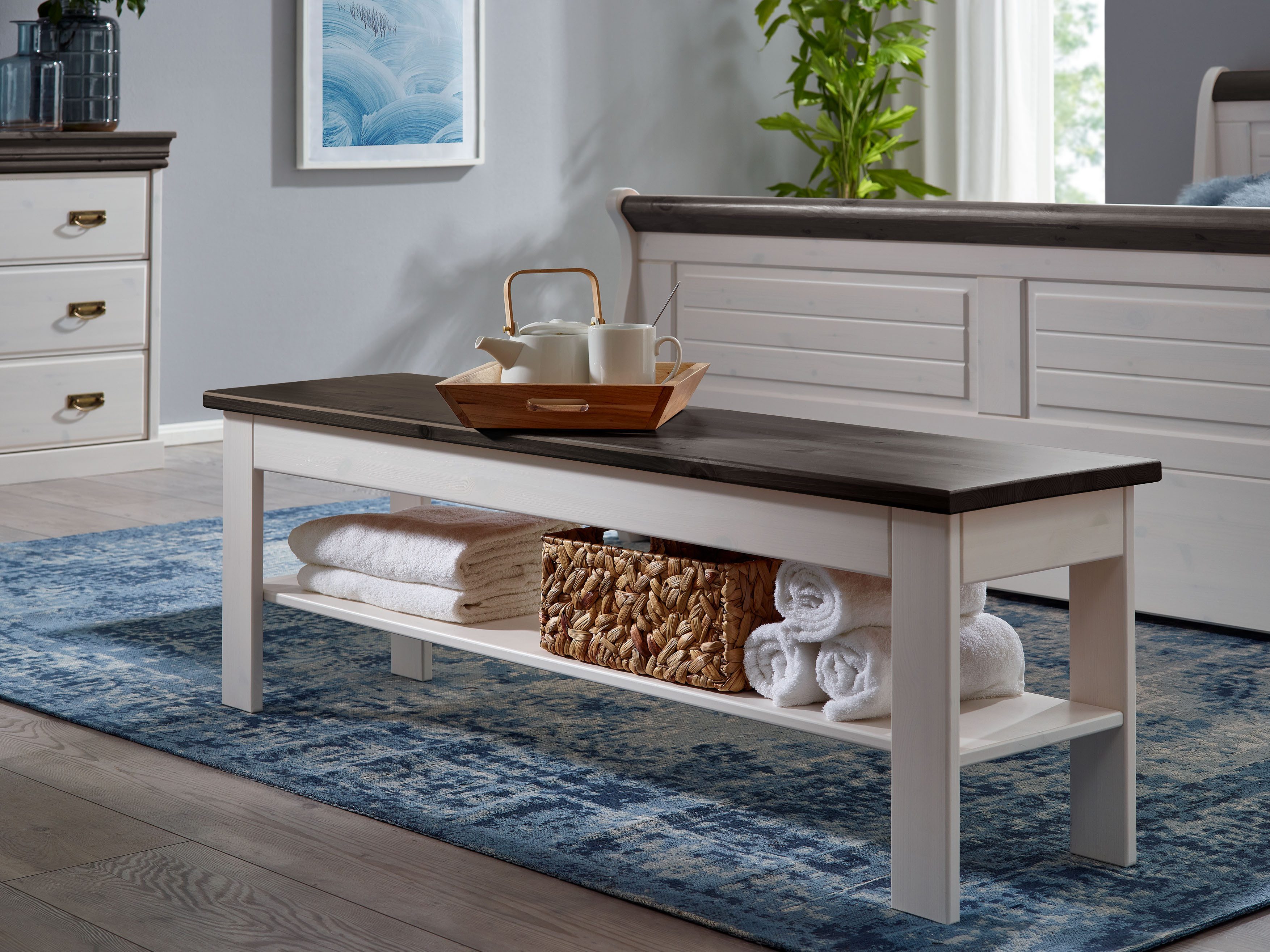 Woodroom Bettbank Pila (Kiefer massiv weiß gewachst), Sitzbank 140 cm, Bank mit Ablage, Bank fürs Bettende