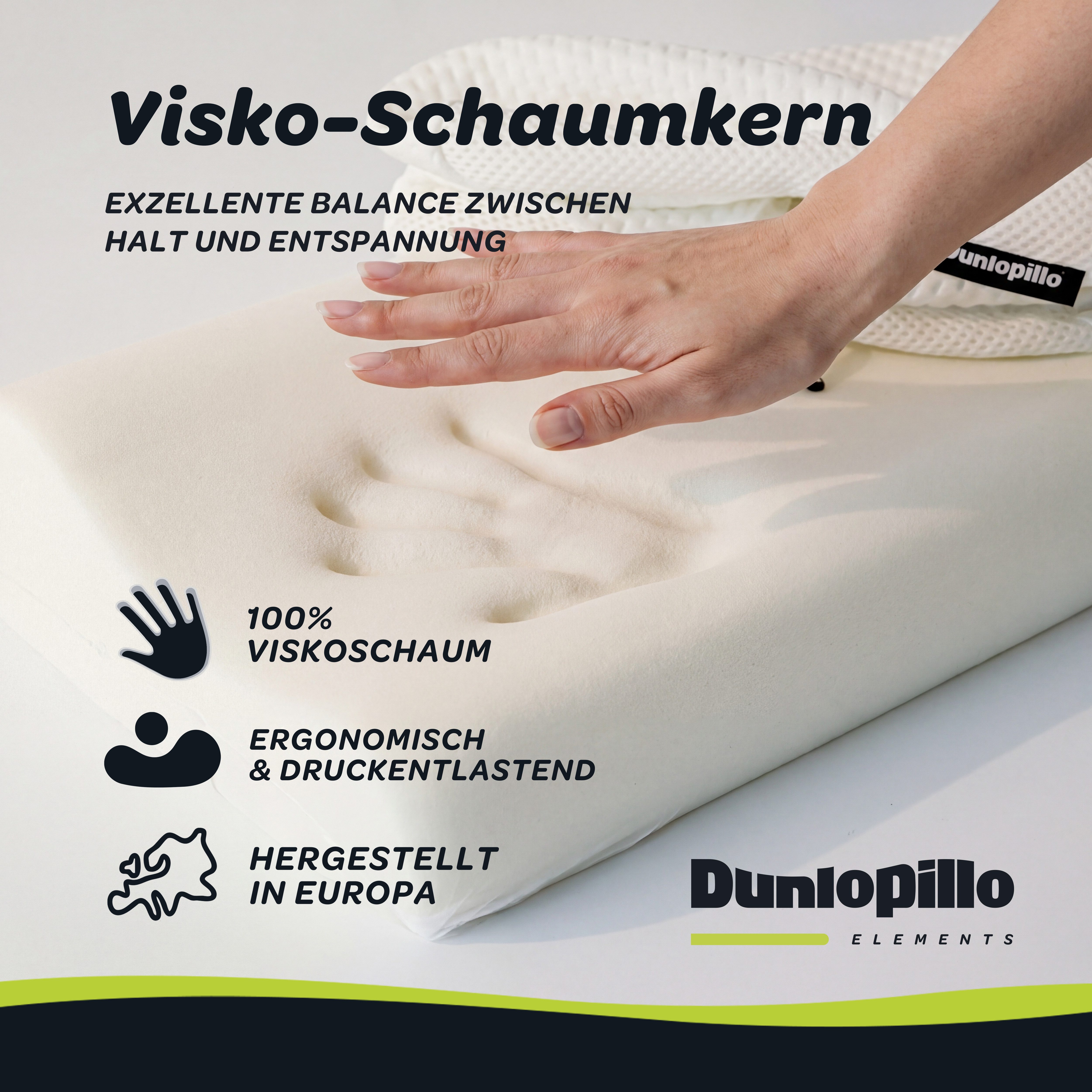 Dunlopillo Nackenstützkissen Home, Nackenstützkissen aus Viskoschaum 30x50 cm, Füllung: 100% Polyurethan, Bezug: 98% Polyester, 2% Elasthan, Seitenschläfer, Bauchschläfer, Rückenschläfer, entlastet die Wirbelsäule, allergikergeeignet (Hausstauballergiker)