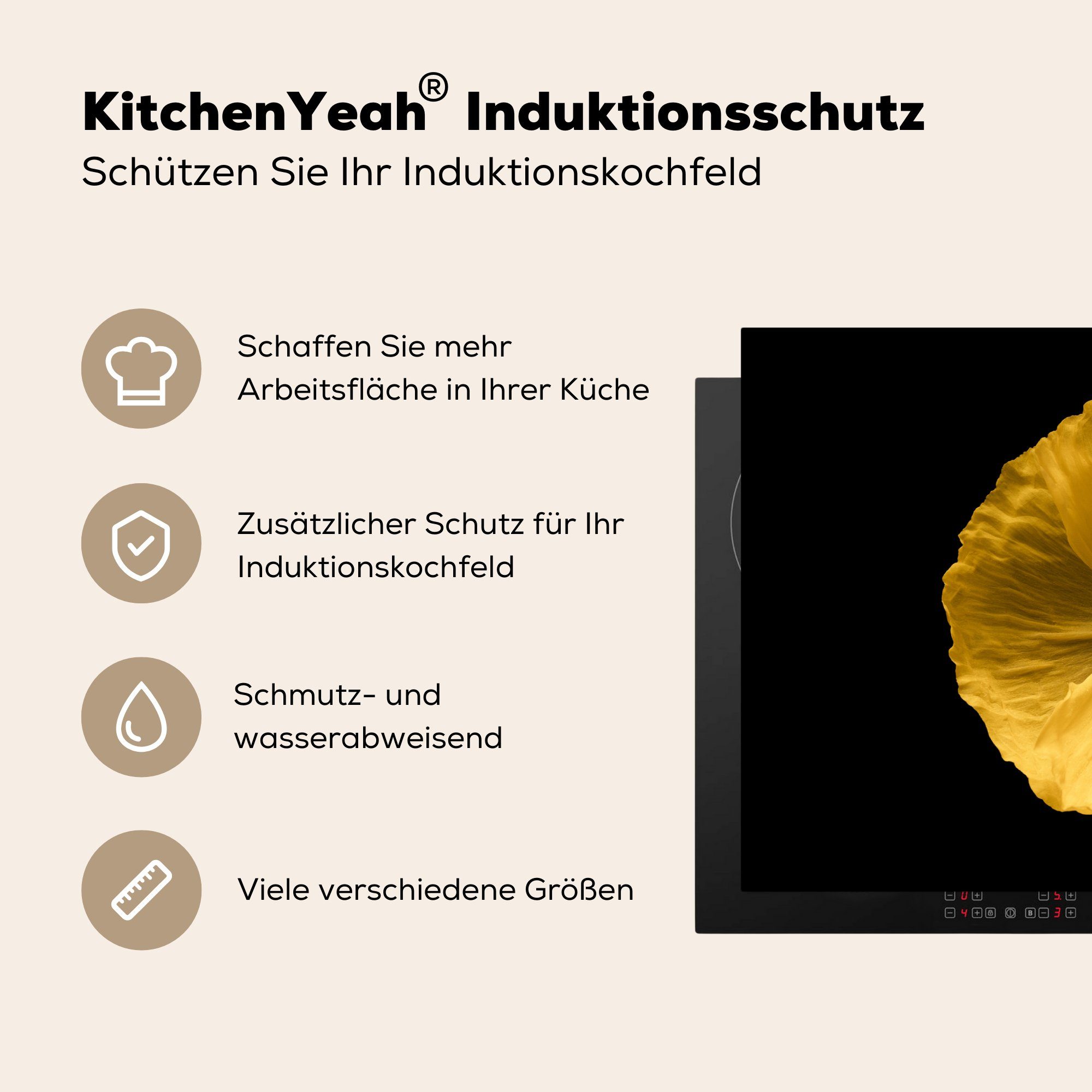 MuchoWow Herdblende-/Abdeckplatte Vinyl, die Gelb, Schutz cm, Blumen küche, für (1 Mohn Ceranfeldabdeckung Induktionskochfeld - tlg), - 81x52
