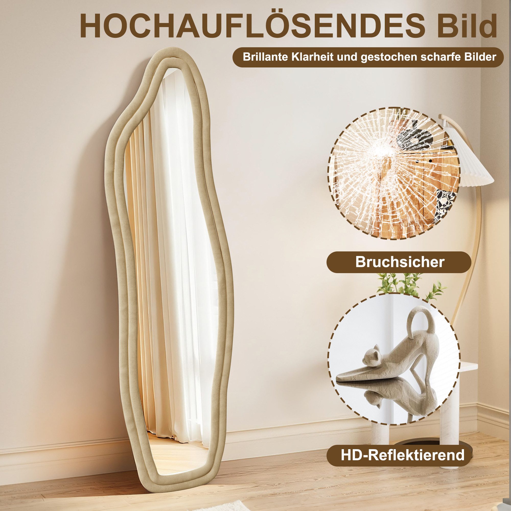 FUROKOY Ganzkörperspiegel Standspiegel mit Kristall-Samt Rahmen und verstarktem Glas, Asymmetrisch Wandspiegel,140x45cm,Gold Rahmen