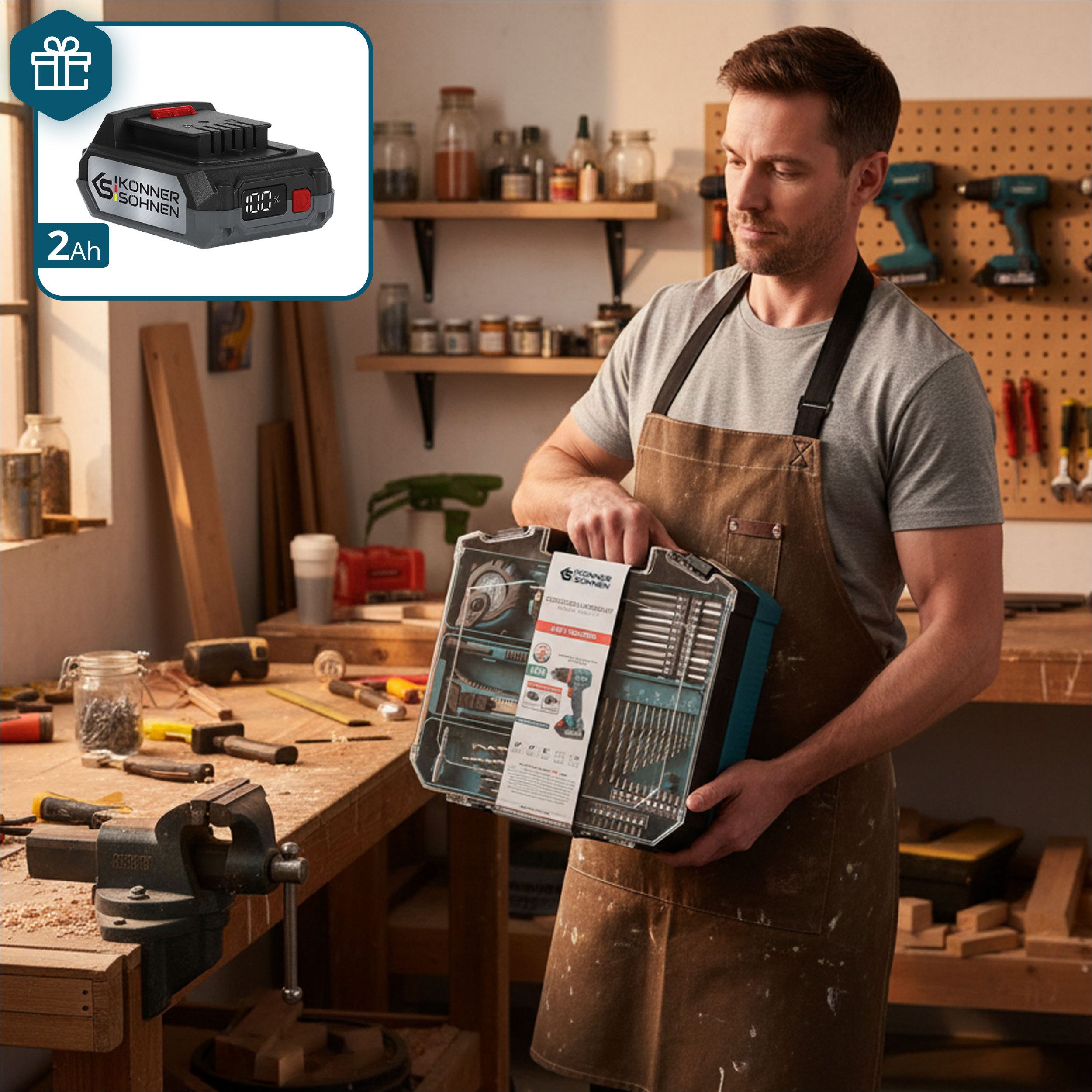 Könner & Söhnen Akku-Schlagbohrschrauber KS ID20V-60 KIT 74 PLUS, (Meister-Set mit Schlagbohrer, 2 Akkus, 74-tlg. Zubehör & Koffer, 1-tlg., Inklusive zusätzlichem 2Ah Akku als Geschenk & Schnellladegerät), Bürstenloser Motor 60Nm, Schlagfunktion, Metall-Bohrfutter