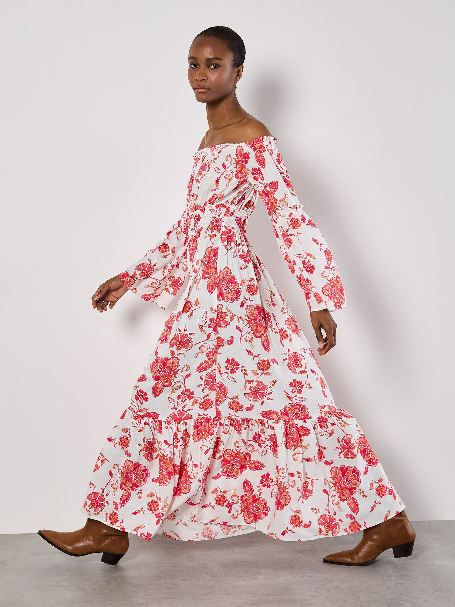 Apricot Maxikleid Floral Bardot Kleid mit Smokdetails günstig online kaufen