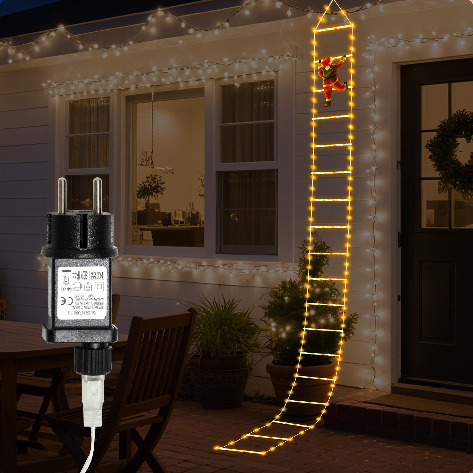 kisidus LED-Lichterkette LED Weihnachtsmann Leiter Lichterkette, 3M Weihnachtslichterkette, 228-flammig, mit Timer,Wasserdicht,für Fenster,Garten,Haus Weihnachten Deko