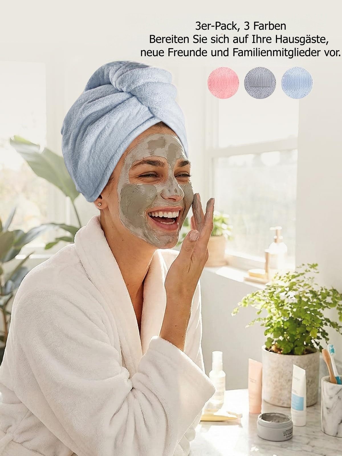 FOUORTUNATE-BEE Turban-Handtuch Schnelltrocknendes Haarhandtuch für Damen mit Knopf, 3er Set, Weiches Mikrofaser-Haartuch für langes & lockiges Haar – Bild 4 von 5