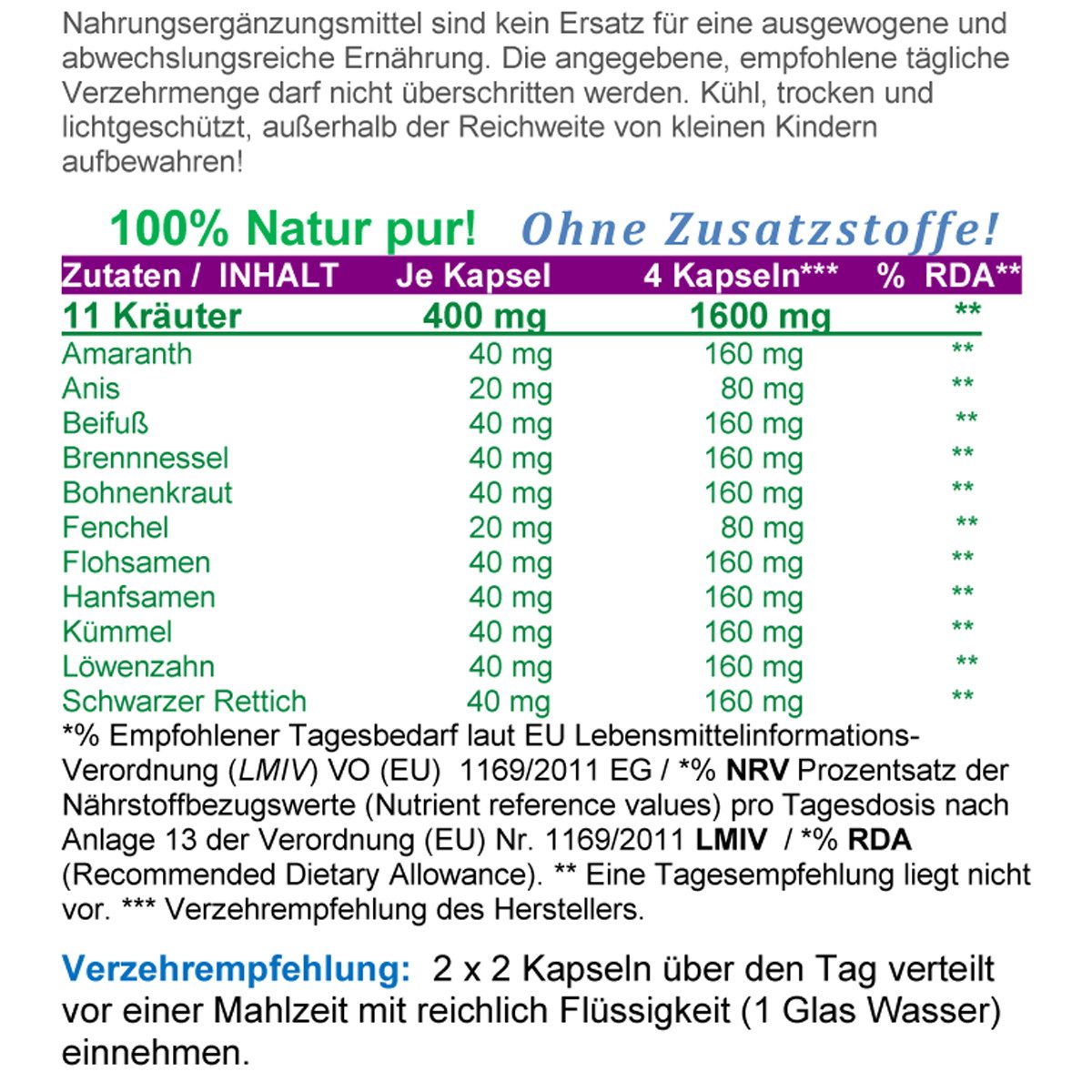 VitalLife LEBER KOMPLEX TOP 11 Kräuter "BITTERSTOFFE" nach Hildegard von Bingen Kapseln, 1 er Dose à 120 St., 60 g, Art. 26321