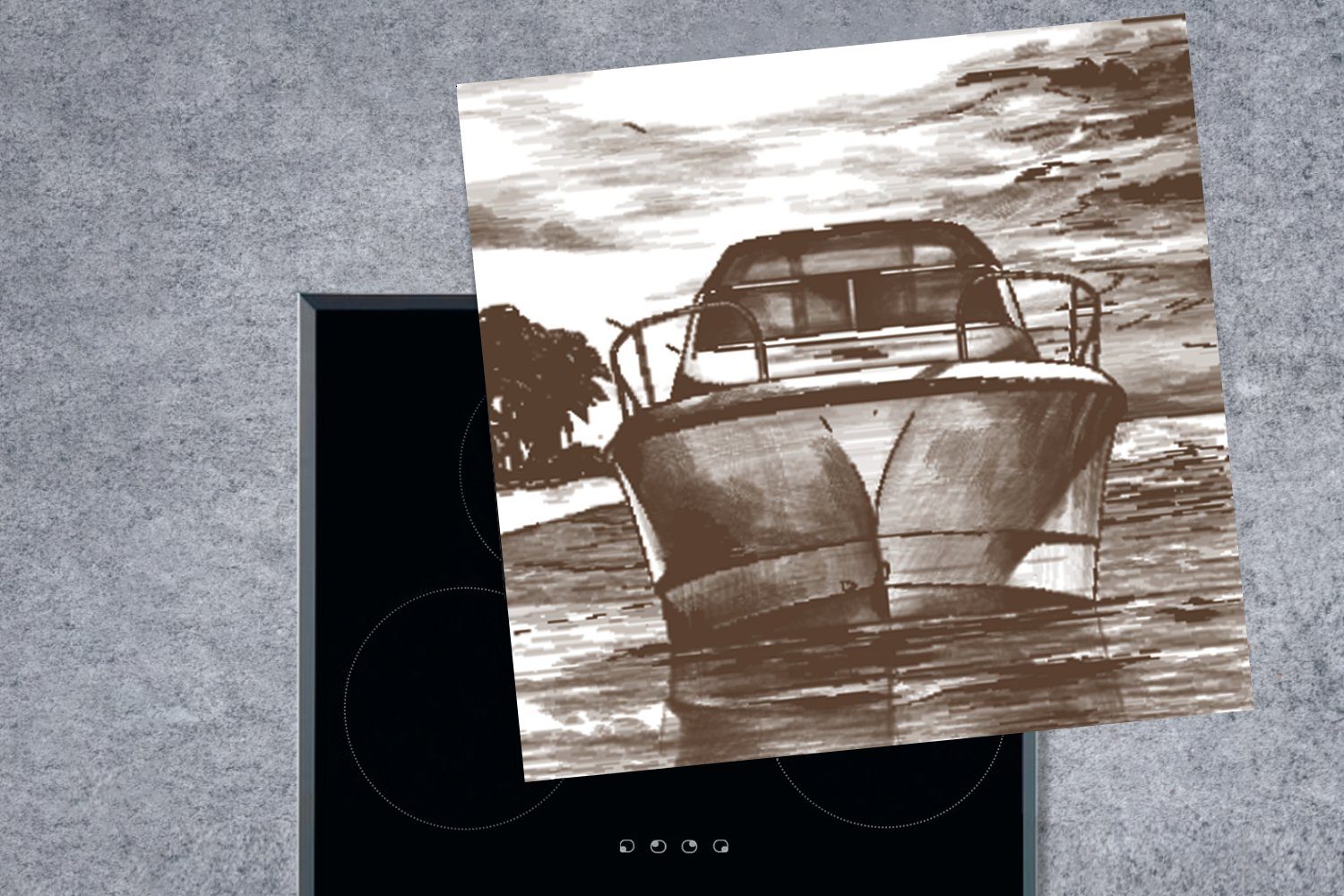 - - Weiß, Schwarz cm, 78x78 Meer küche - Ceranfeldabdeckung, Vinyl, für Arbeitsplatte Boot (1 Herdblende-/Abdeckplatte tlg), MuchoWow