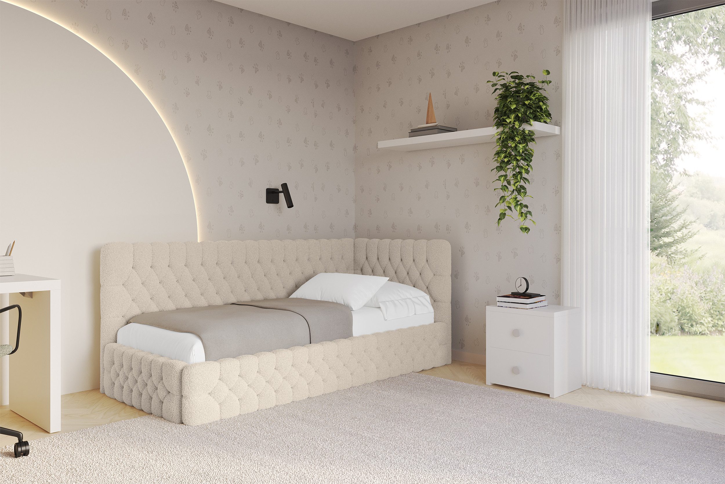 ALTDECOR Jugendbett MULY (Jugendbett mit Bettkasten und Lattenrost, Polsterbett mit Matratze), Einzelbett mit Stauraum, Bett mit Kopfteil