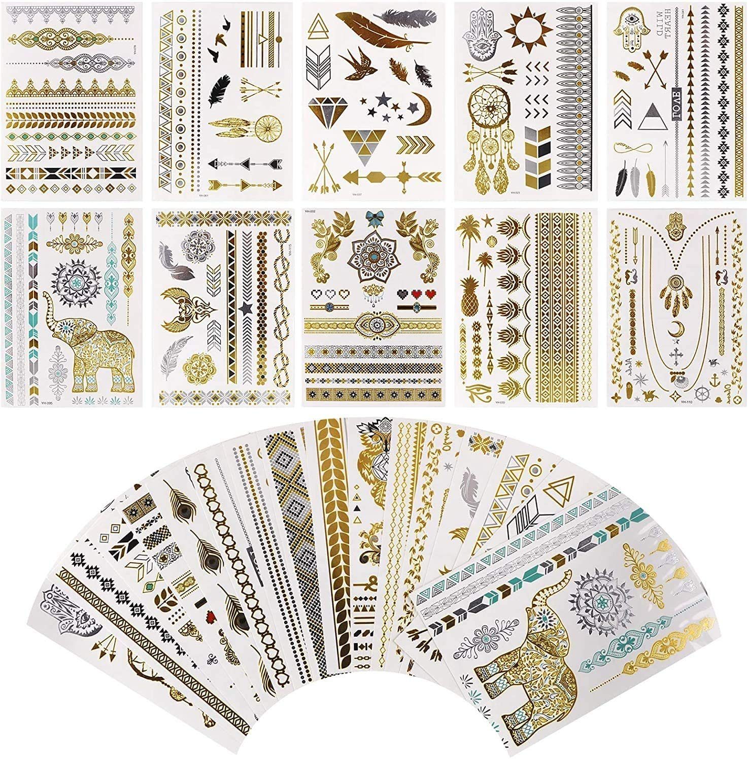 COOL-i ® Schmuck-Tattoo, 16er Set Metallic Flash Tattoos - Gold, Silber, Schwarz, Wasserdicht