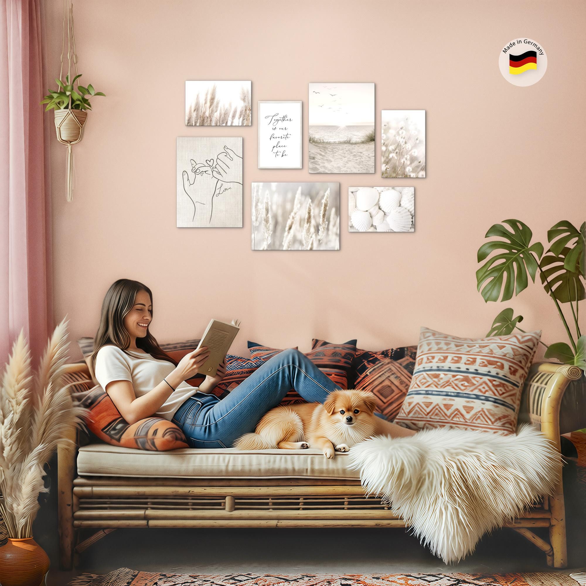 Novart Wandbild Boho Style Strand Meer Natur Wohnzimmer Schlafzimmer Boho 100x70cm, Pampas (7 St)