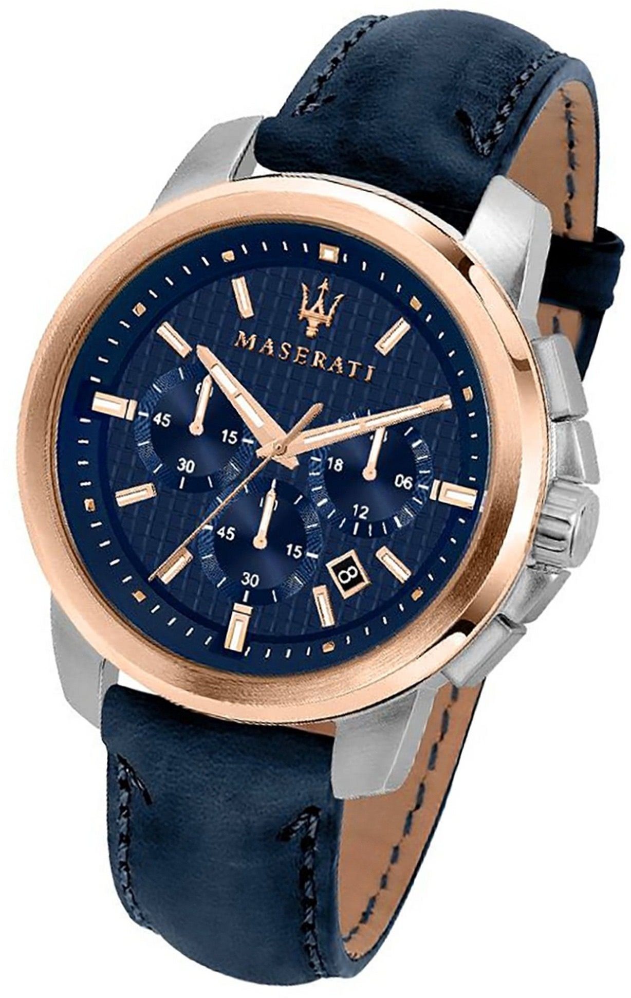 MASERATI Chronograph Maserati Leder Armband-Uhr, Herrenuhr Lederarmband, rundes Gehäuse, groß (ca. 44mm) blau