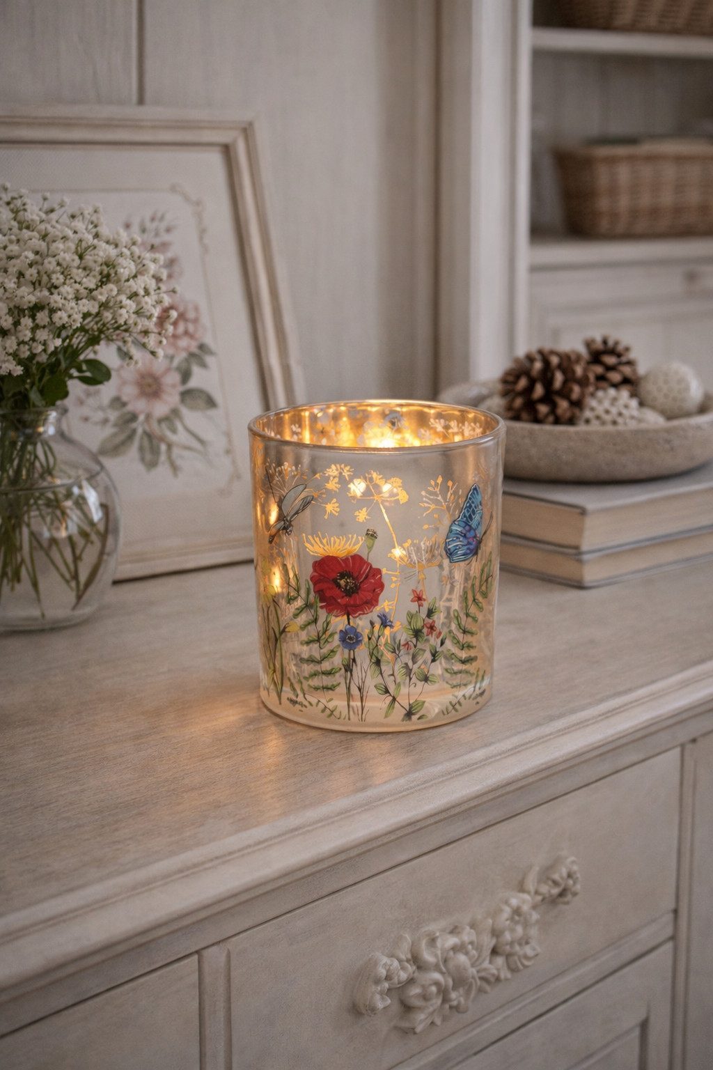 finehomegarden Windlicht Teelichtglas mit Blumen Dekor Teelichterhalter bun günstig online kaufen