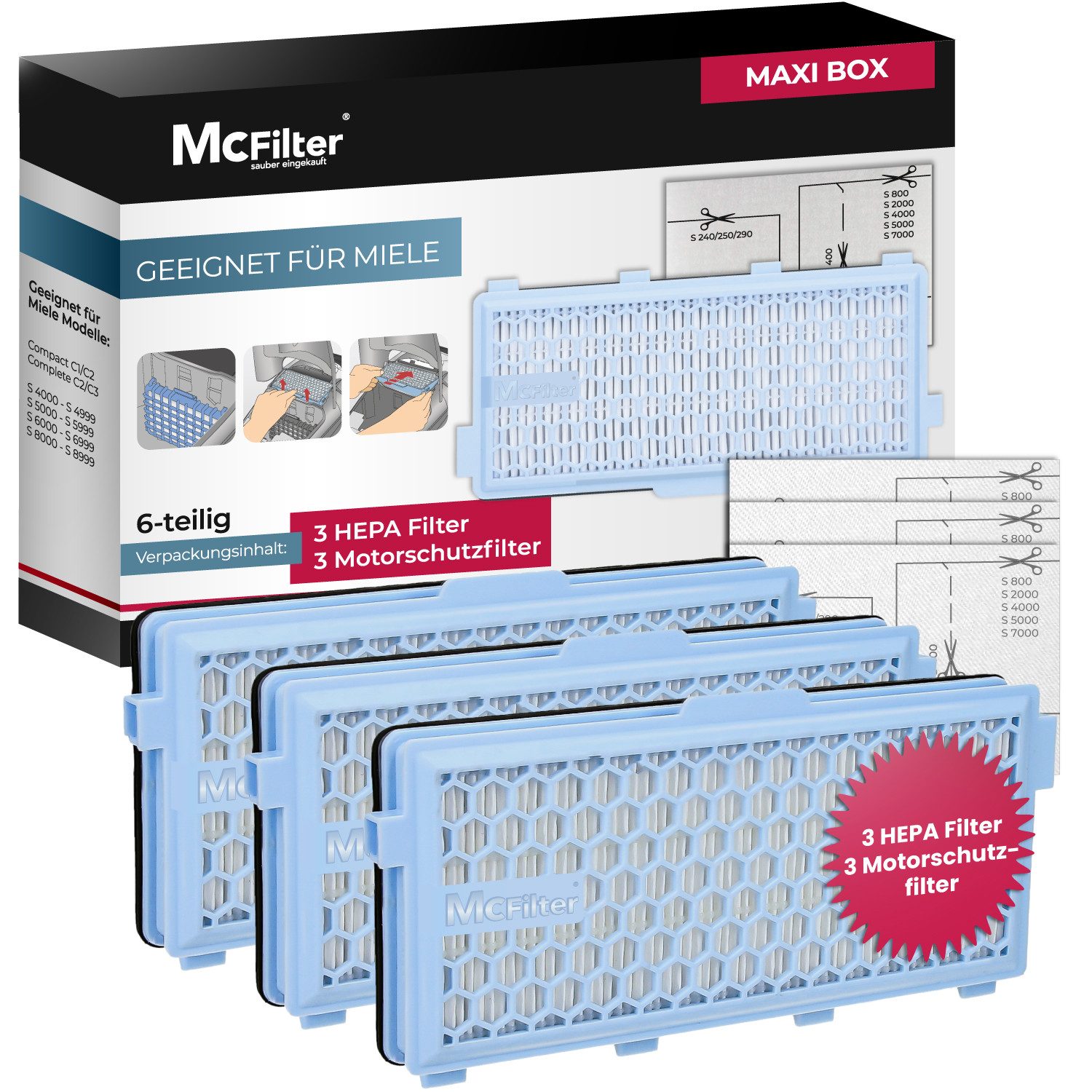 McFilter HEPA-Filter 3x + 3 Motorfilter (zuschneidbar) passend für Miele Staubsauger GN, Serie S4 S5 S6 S8, Complete C2, Compact C1/C2, S8340, MAXI BOX