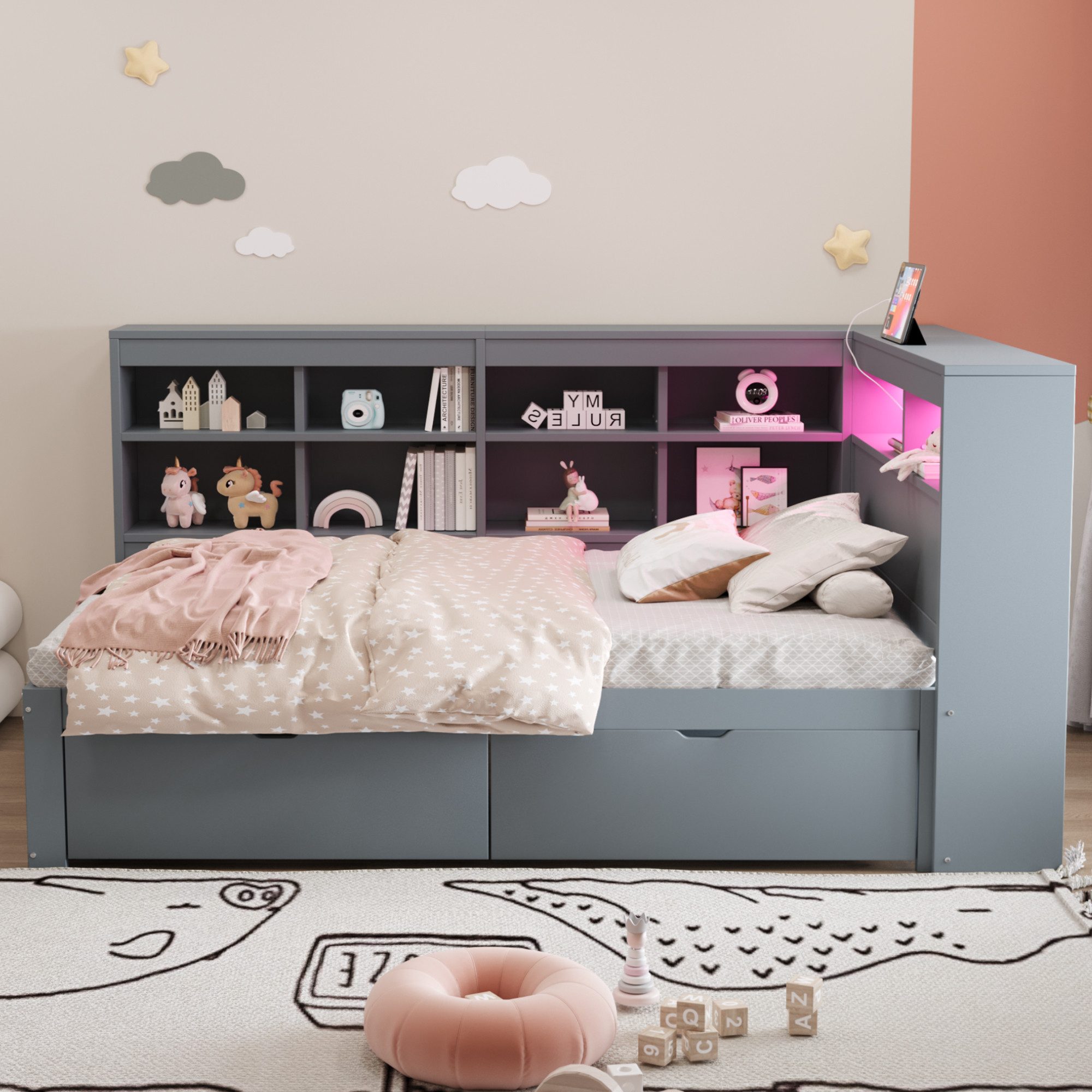 Flieks Massivholzbett, LED Einzelbett 90x200cm mit Stauraum, USB-Aufladen u günstig online kaufen