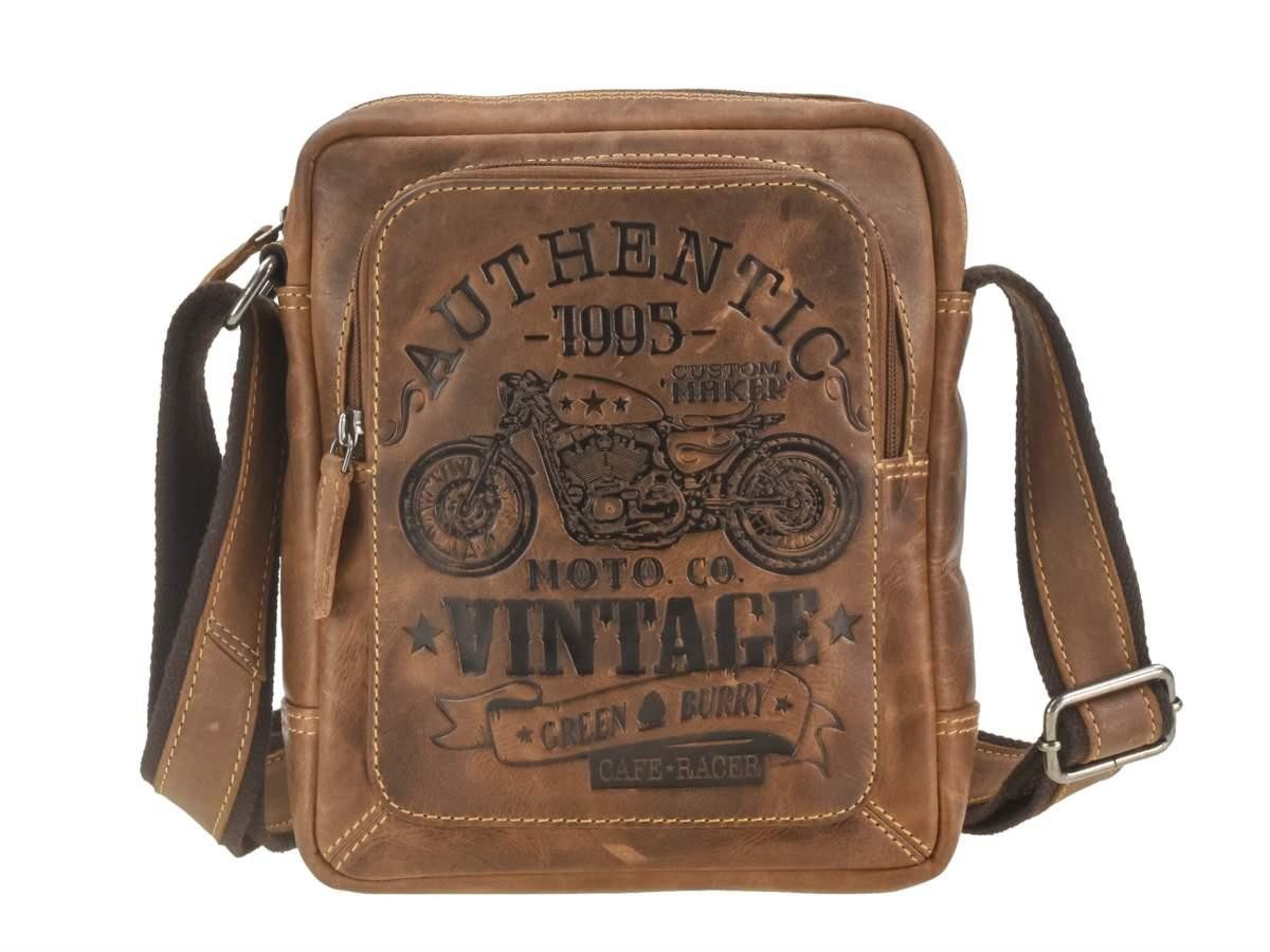 Greenburry Umhängetasche Cafe Racer Herr Schultertasche klein Leder Vintage Style, used Look, Schultertasche 22x24cm, mit CafeRacer Biker Prägung