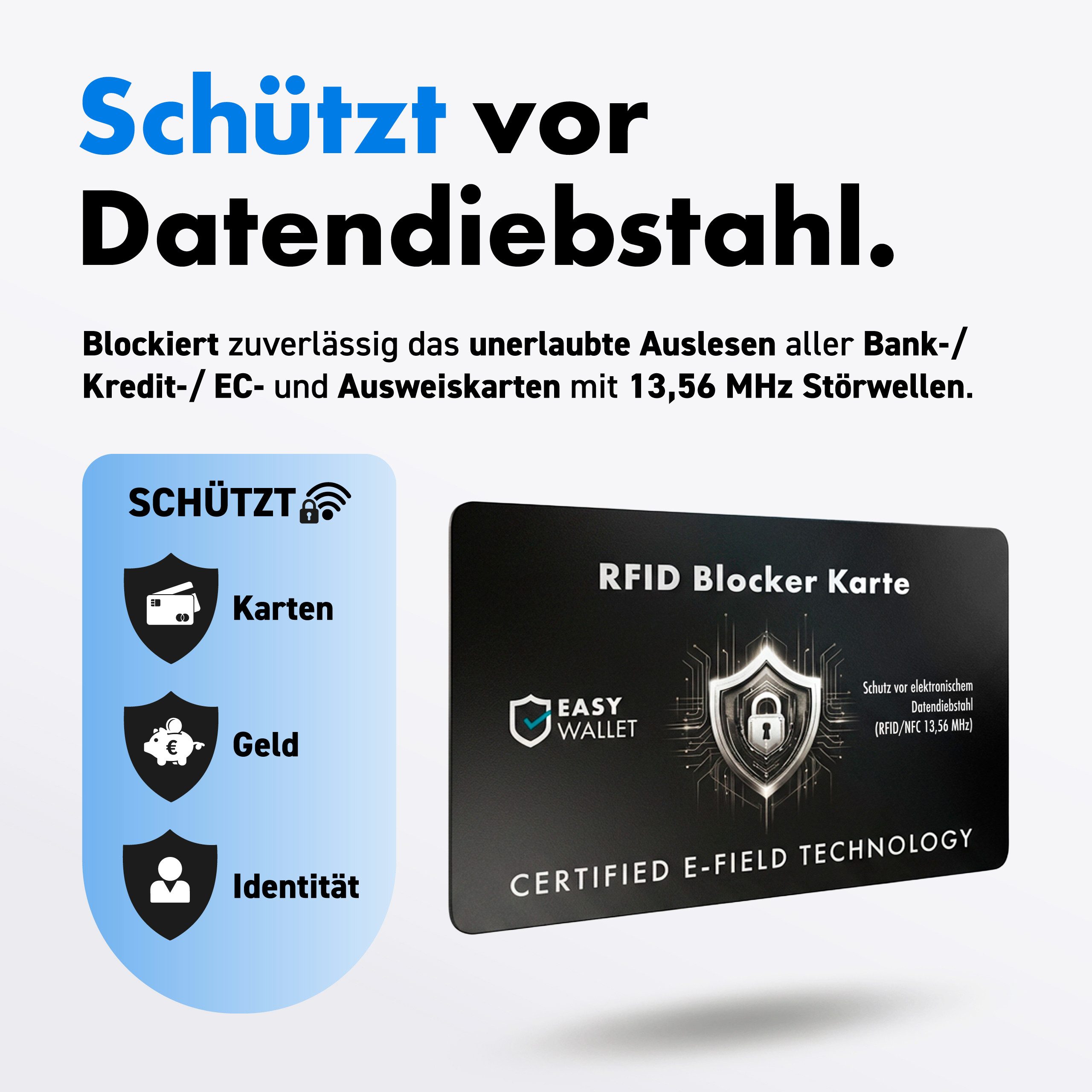 EasyWallet Kartenetui DEKRA-geprüfte NFC/RFID Blocker Karte (1-tlg), E-Field-Störsender-Technologie Kartenschutz, Extra dünn (0,84 mm)