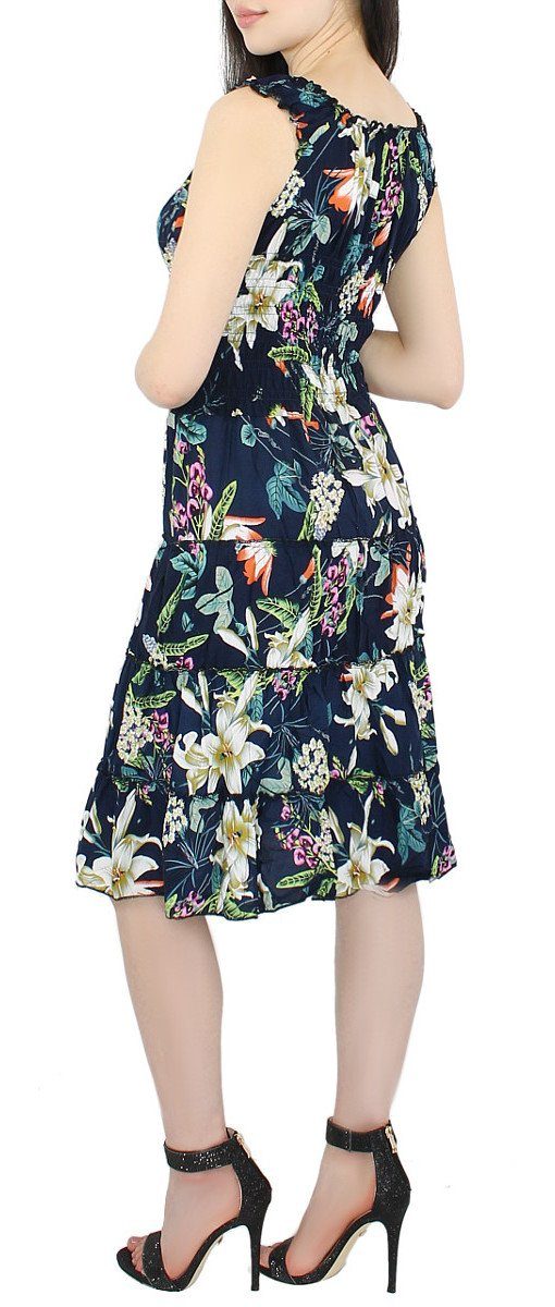 Sommerkleid Blumen allover Print Blumen Tailliert Strandkleid Print dy_mode Damen Sommerkleid mit KL108-Tiefblau Knielang