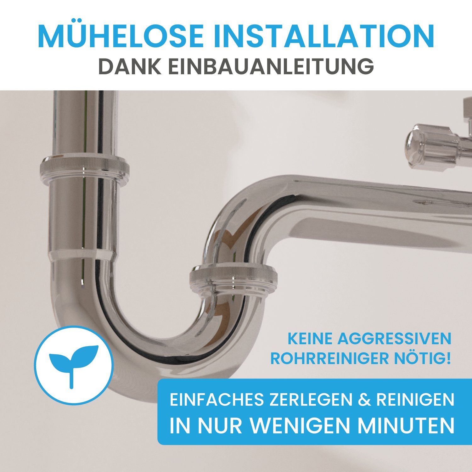 Bächlein Siphon Universaler Röhrensiphon, (flexibler Waschbeckenablauf), Einfache Montage - Hochwertiger Chrom-Ablauf