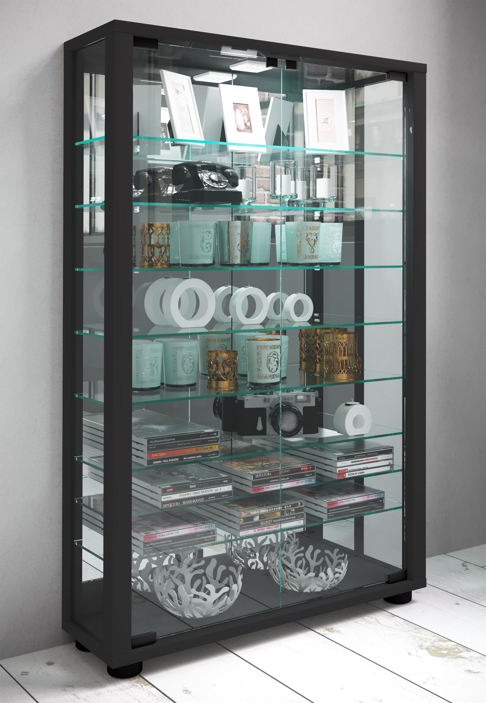 VCM Standvitrine Glasvitrine Lumo mit Glastüren, Spiegel und Glasvitrine stehend, Modern und platzsparend, Glasschrank