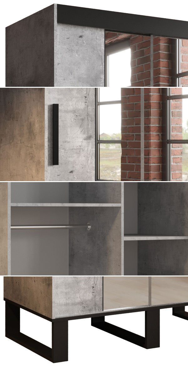 Schiebetürenschrank Spiegel (Loft) wählbar schwarz Loft Feldmann-Wohnen / beton Breite mit