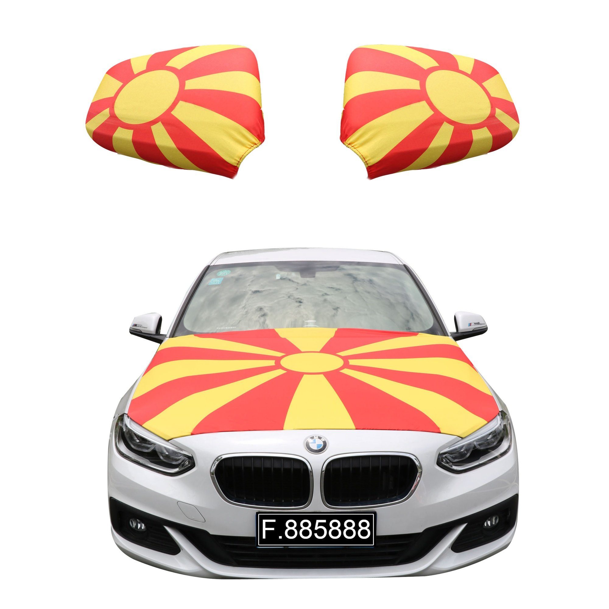 Sonia Originelli Fahne Fanset"Nordmazedonien" Mazedonia Motorhaube Außenspiegel Flagge, für alle gängigen PKW Modelle, Motorhauben Flagge: ca. 115 x 150cm