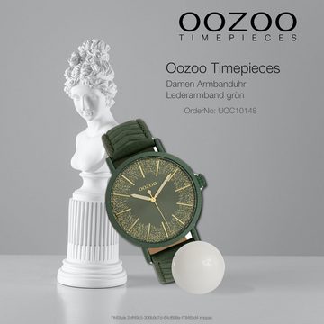 OOZOO Quarzuhr Oozoo Damen-Uhr grün gold, (Analoguhr), Damenuhr rund, groß (ca. 42mm), Lederarmband grün, Fashion