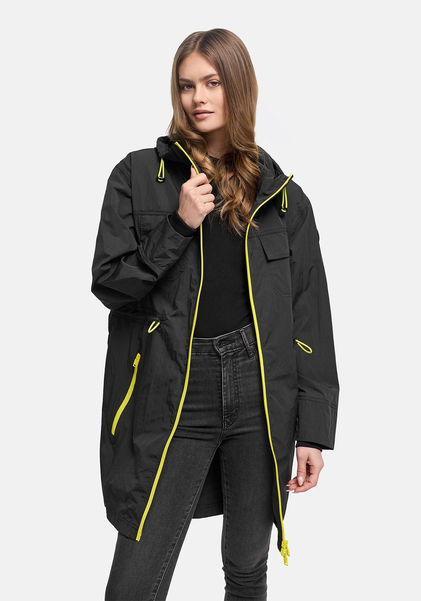 Marikoo Outdoorjacke Trüffelbonbon Langer Windbreaker mit Kordelzug und Kontrastreißverschluss