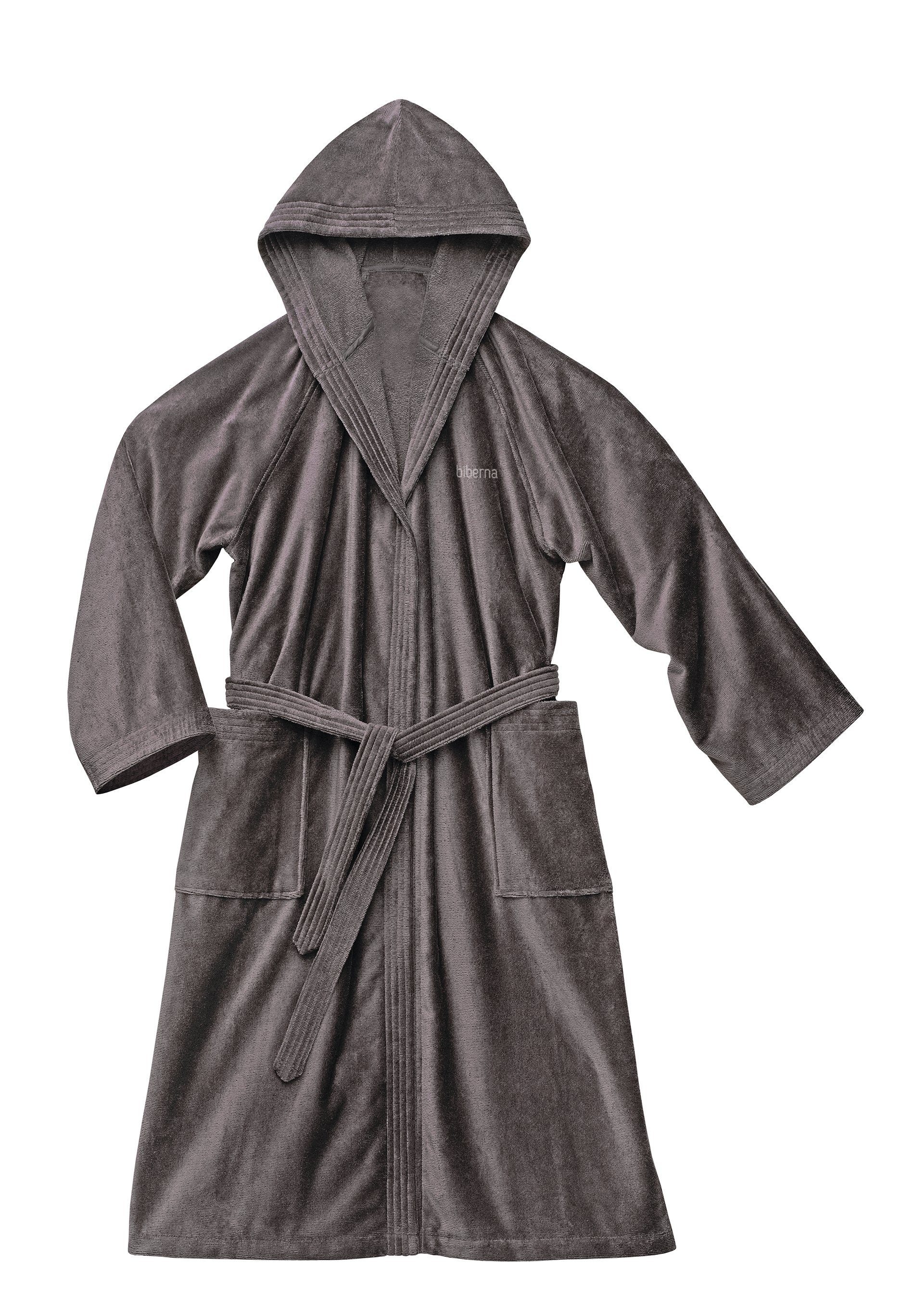 BIBERNA Unisex-Bademantel Meike Langform, Frotteevelours, Kapuze, Gürtel, Velours Bademantel für Damen & Herren, mit Kapuze, feine Samt-Optik mehr