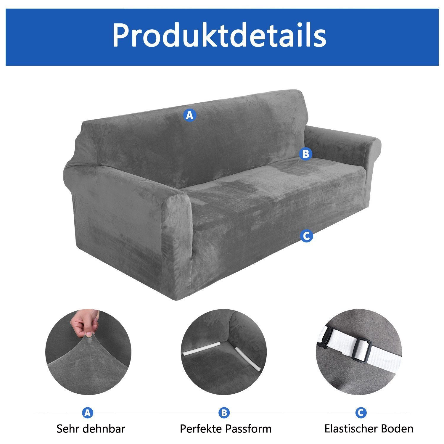 Diwzbyn Sofahusse Velvet Sofabezüge 1/2/3/4-Sitzer Stretch rutschfeste Couchbezug, für Hunde Katze Haustierfreundlich – Bild 4 von 5