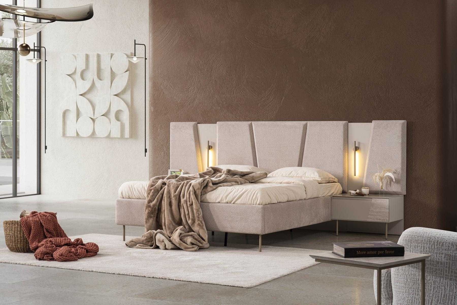 JVmoebel Schlafzimmer-Set Bett Nachttisch Schlafzimmer Stil modern Farbe beige neu Beleuchtung, (3-tlg)