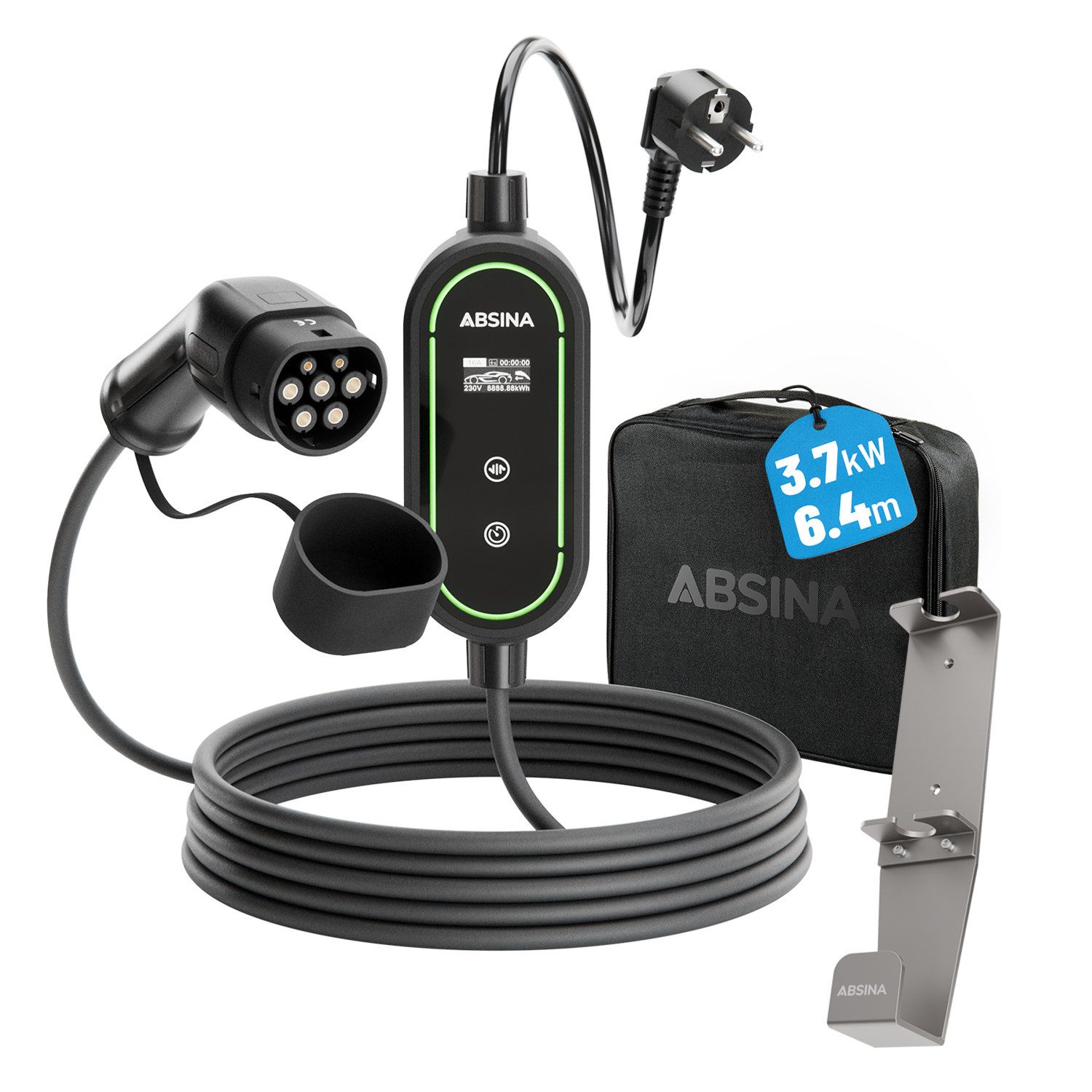 ABSINA EV Ladekabel Typ 2 Schuko 3,7 kW - Typ 2 Ladekabel mit Halterung Elektroauto-Ladegerät