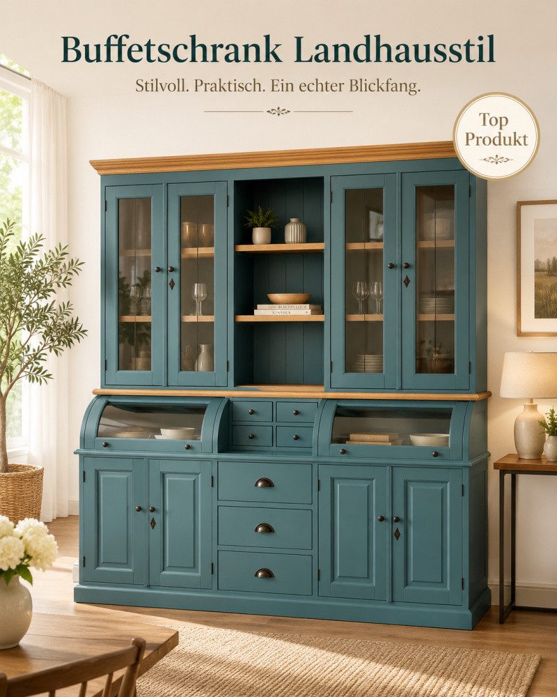 Wohnpalast Buffet Landhaus Buffet Schrank Berlin 200 cm Wasserblau mit Eiche- Landhaus M
