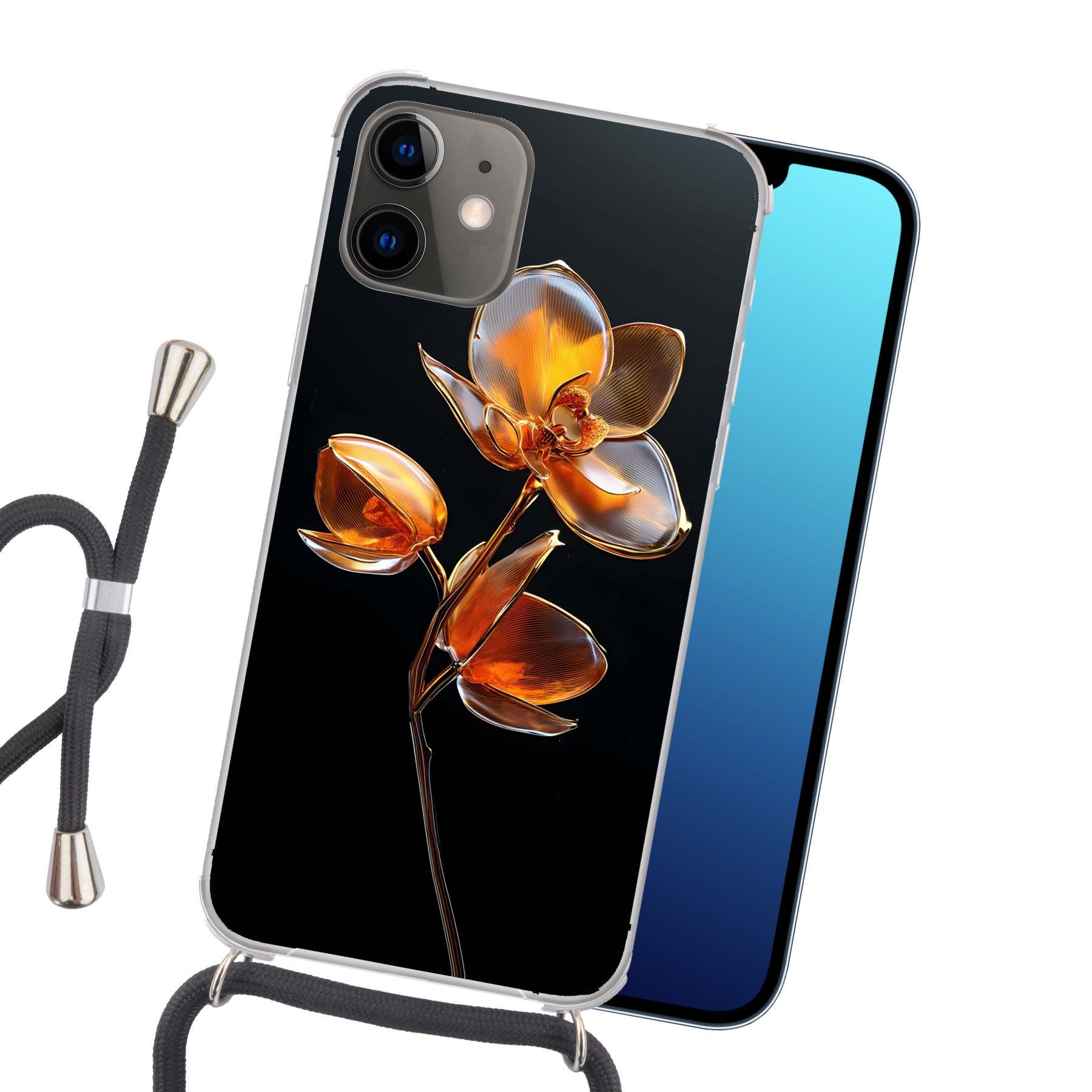 MuchoWow Handyhülle für Apple iPhone 11 Blume - Orchidee - Orange, Tragbare Handyhüllen mit Kette zum umhängen, Handykette Handyband