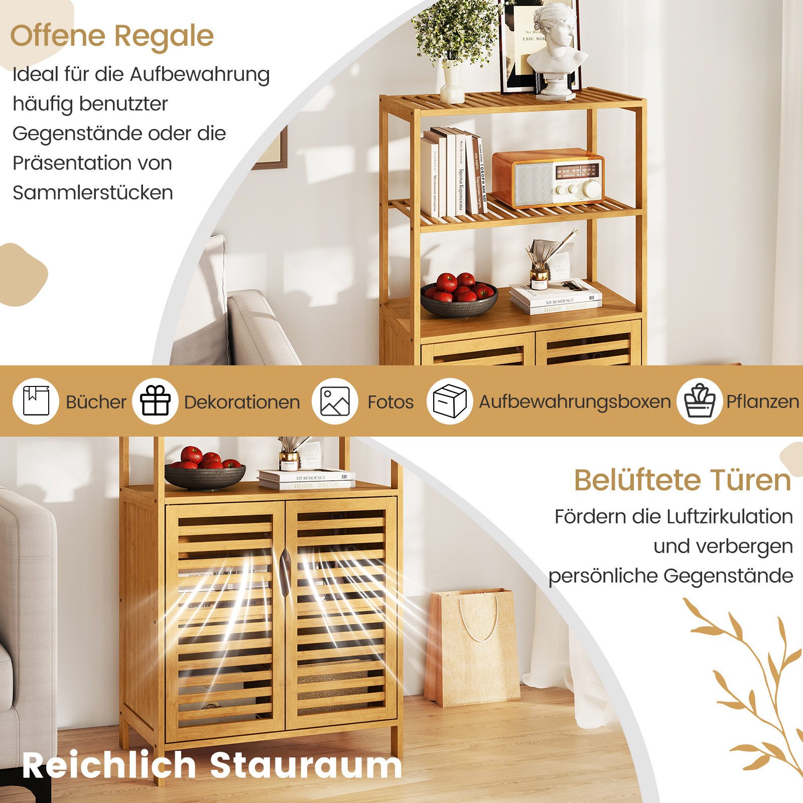 COSTWAY Bücherregal Bambus mit Lamellentüren, Vorratsschrank 60x33x116cm, Standregal – Bild 4 von 5