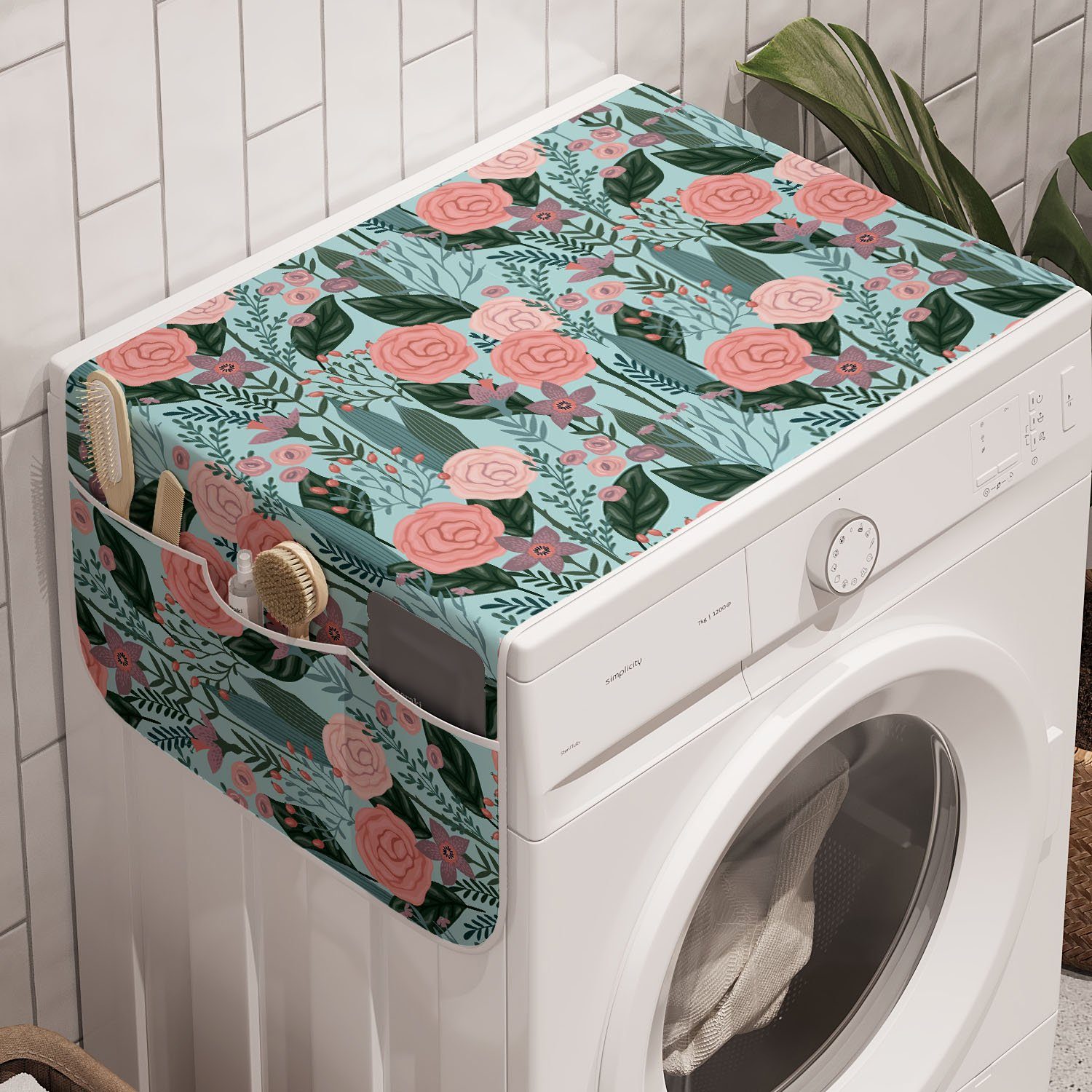 Abakuhaus Badorganizer Anti-Rutsch-Stoffabdeckung für Waschmaschine und Trockner, Botanisch Anordnung der Blumen