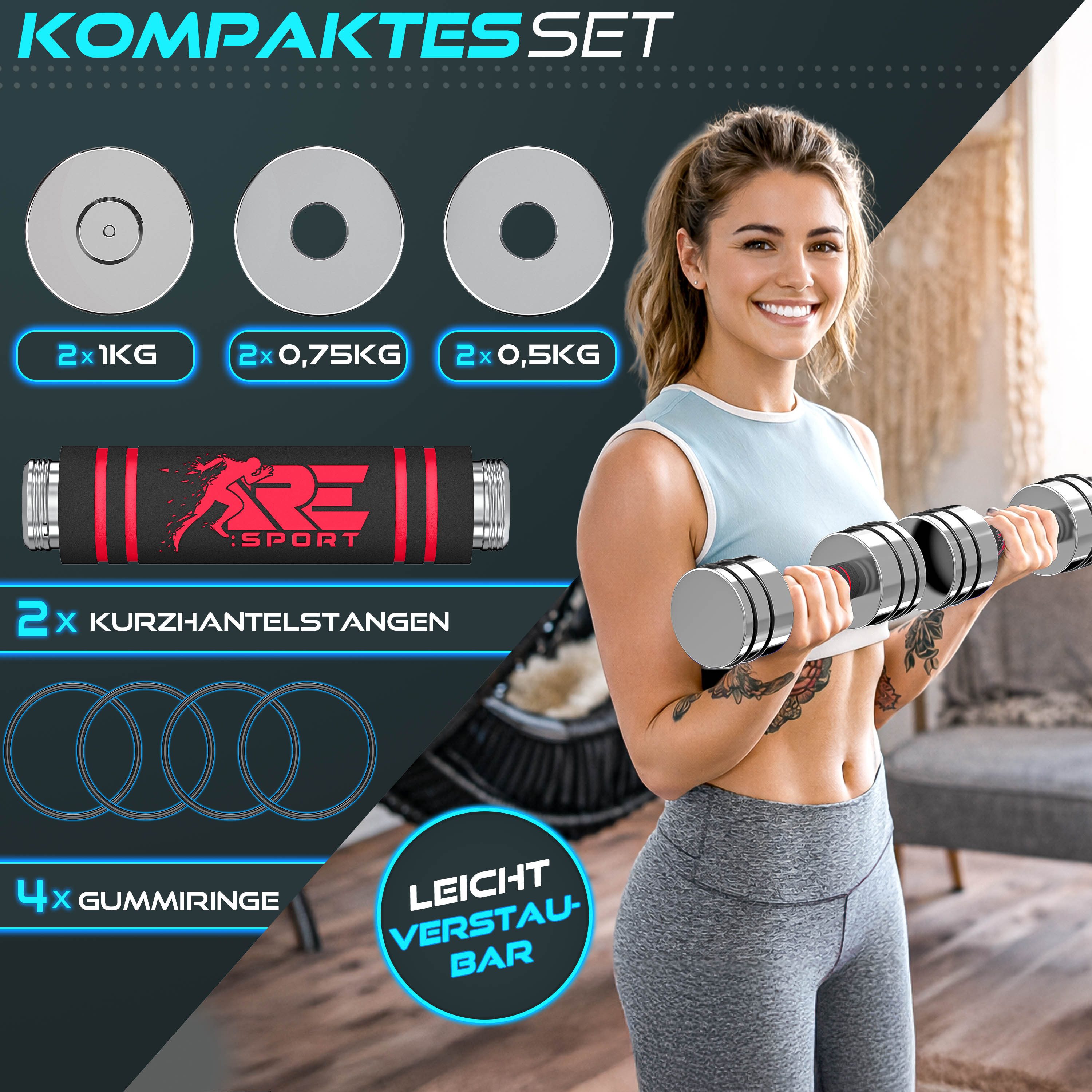RE:SPORT Gartentisch RE:SPORT® 2er Hanteln Set aus massivem Stahl 2,5/5/7,5/10 kg, Hantel (Kurzhanteln Home Gym, Krafttraining & Muskelaufbau, Fitness Kurzhante – Bild 4 von 5