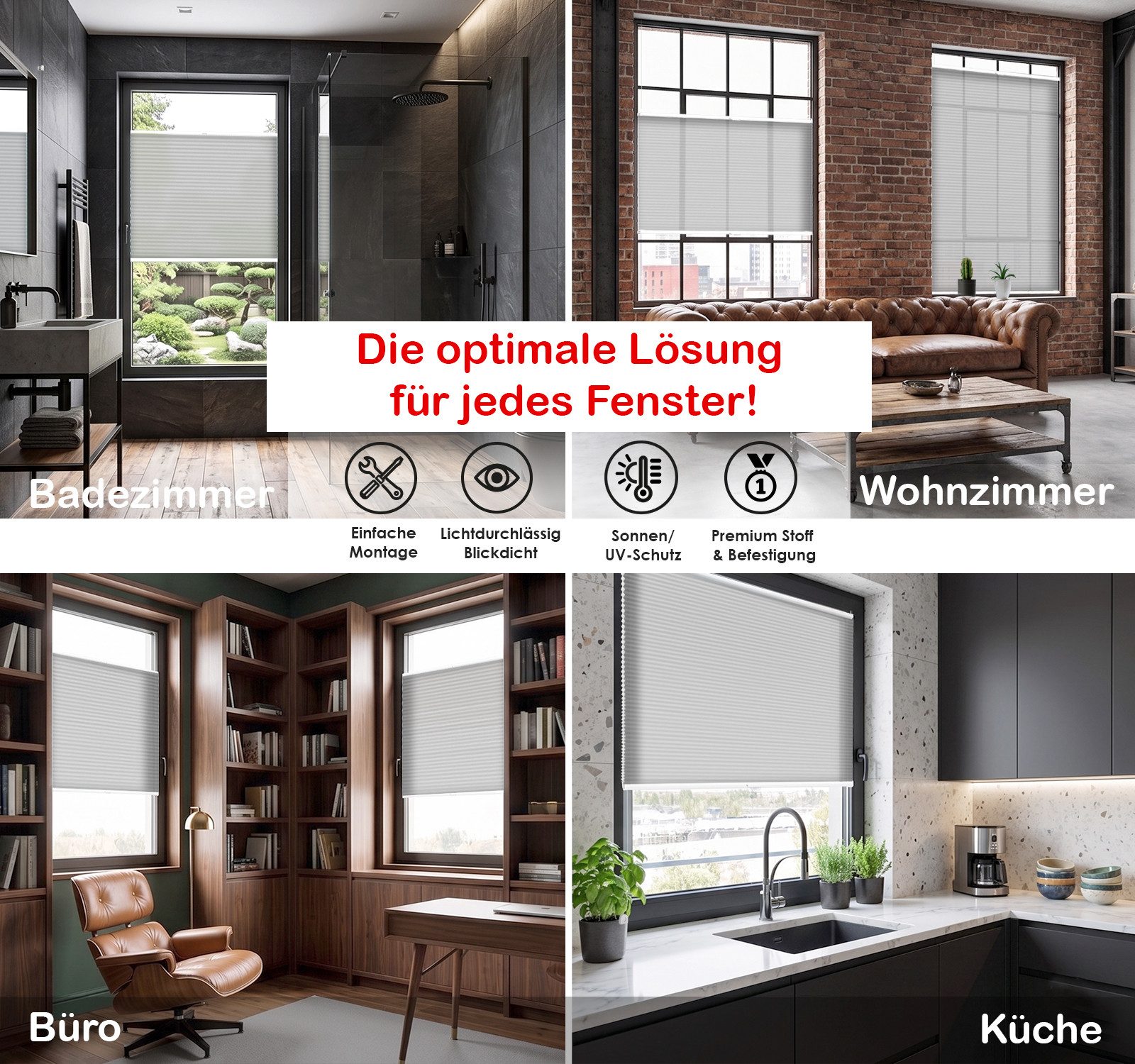 Rikmani Plissee Plissee ohne Bohren, lichtdurchlässig, 40x100cm, blickdicht, Klemmfix, Verspannt, UV-Schutz, einfache Montage