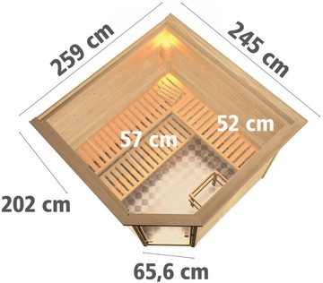 Karibu Sauna "Leona" mit Klarglastür und Kranz Ofen 9 kW integr. Strg, BxTxH: 259 x 245 x 202 cm, 38 mm, aus hochwertiger nordischer Fichte