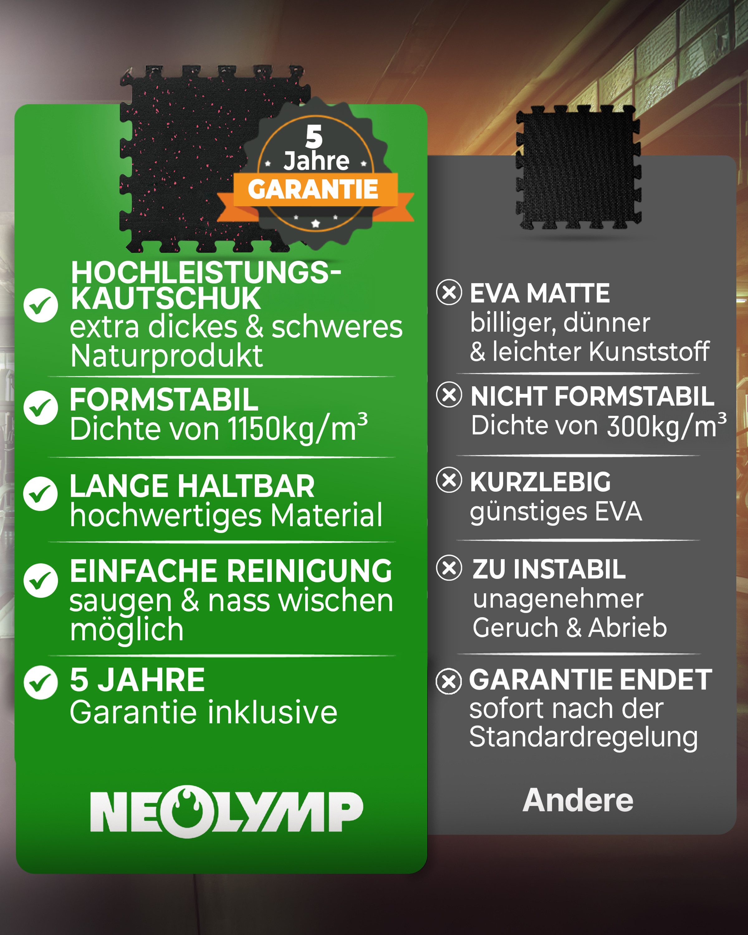 NEOLYMP Bodenmatte Profi-Sportboden SF210 10 Stück (8 Puzzlestücke inkl. Randteile), Premium-Studioqualität, Naturkautschuk, Dichte von 7100g/m³