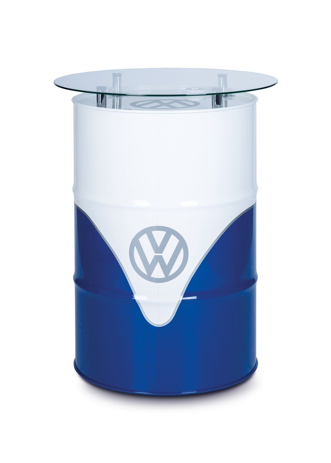VW Collection by BRISA Stehtisch pflegeleichtes Vintage Bau&Weiß & Hochglanz/ in Dekofass weiß Bulli Beistelltisch T1 im blau Design, Volkswagen