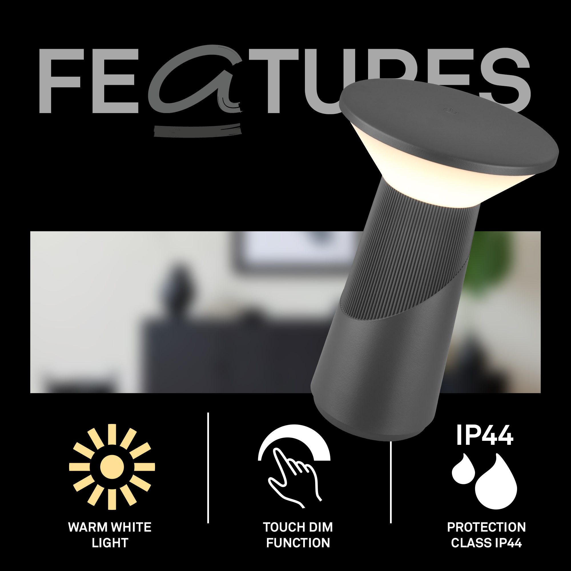 Briloner Leuchten LED Tischleuchte Tischlampe kabellos Akku USB-C Touch dimmbar Design Award, LED wechselbar, 2700K, 15x24 cm, Akku tauschbar, Indoor/Outdoor, Wohnzimmer, Balkon