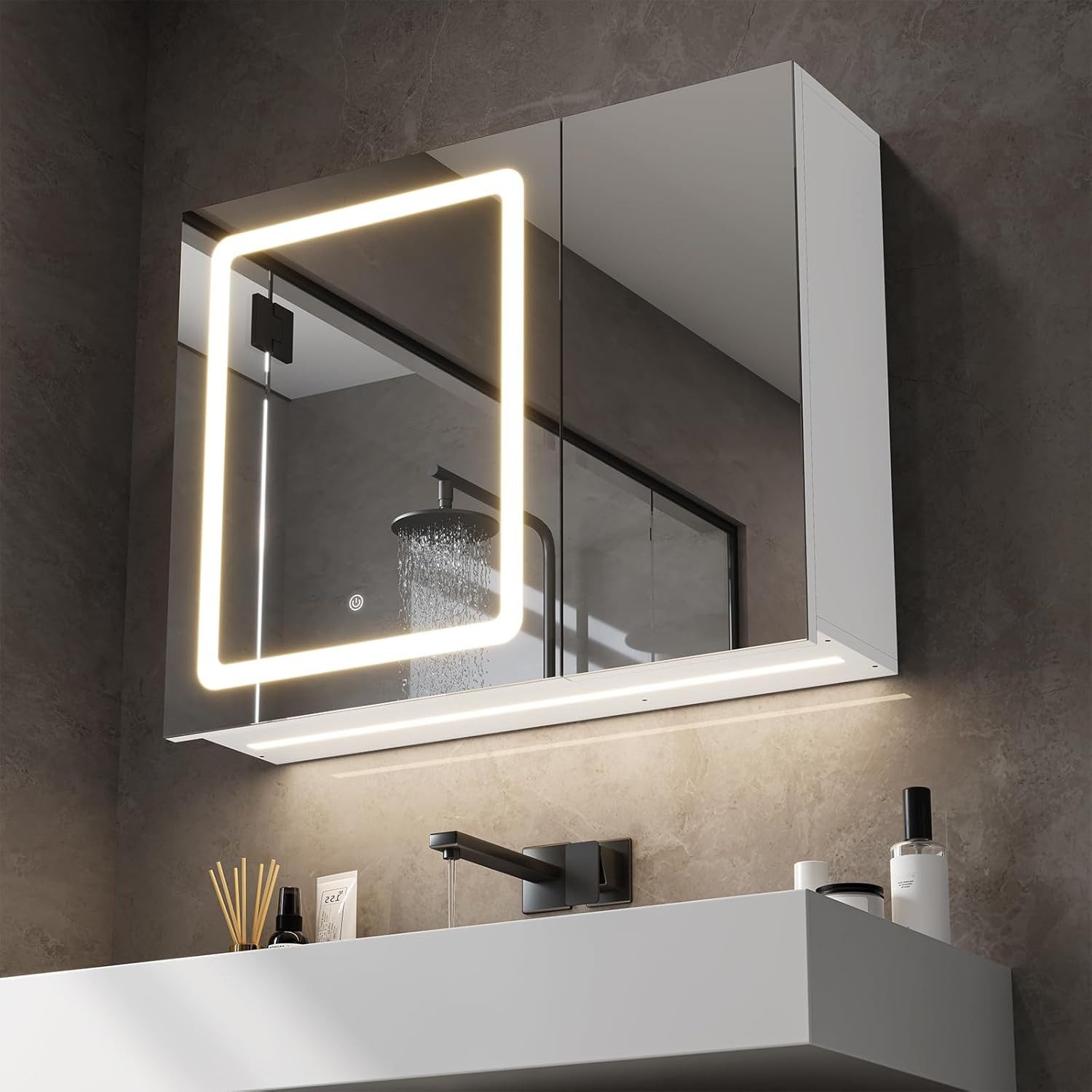 MSMASK Spiegelschrank Spiegelschrank mit 2 LED Streifen, 3 Farbtemperatur D günstig online kaufen