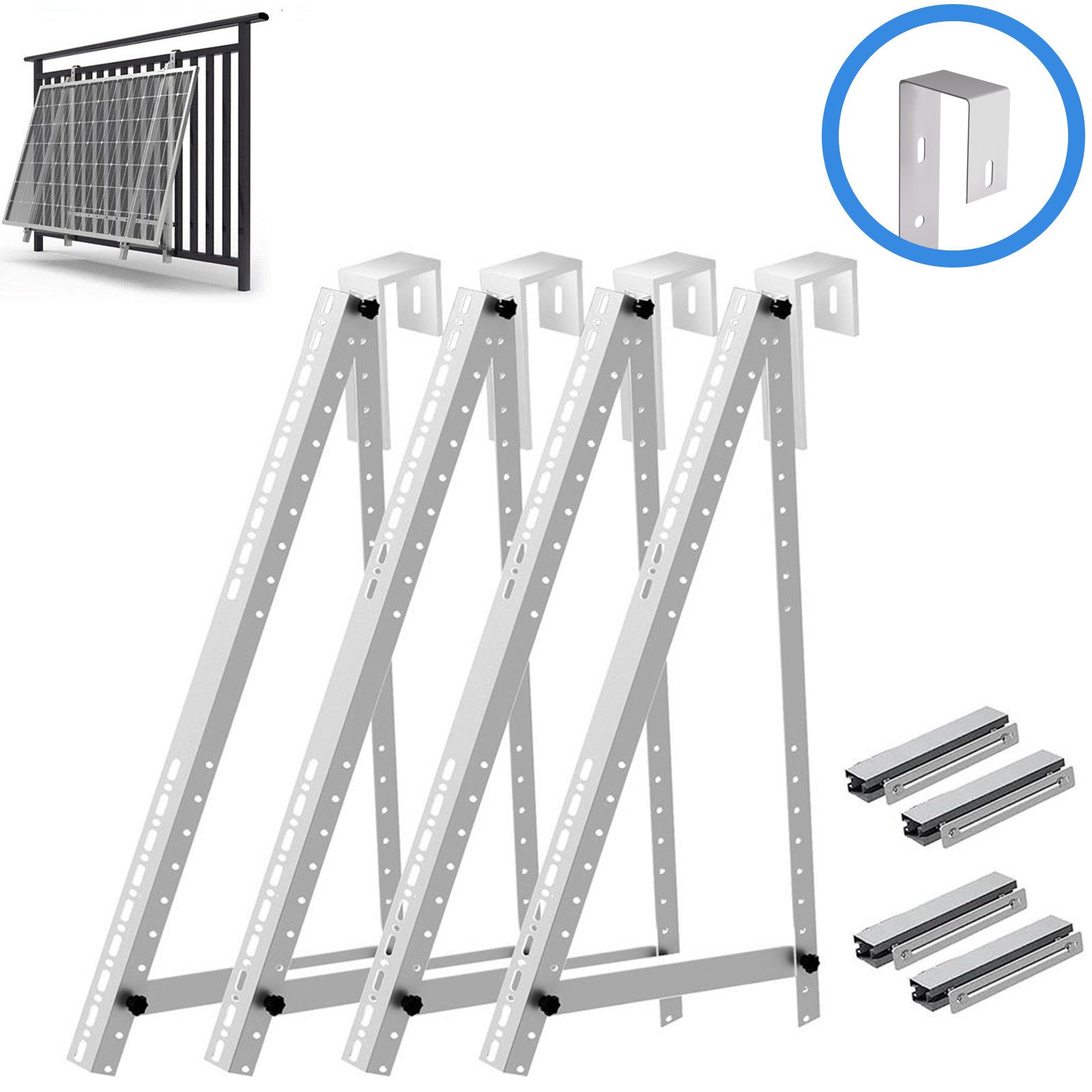 Rhein Beleuchtung Solarmodul-Halterung Einstellbare Solarpanel Halterung 114/118cm mit Balkonhaken, (bis 44 Zoll, Set, 4-tlg., Aus Edelstahl als Solarmodul Halterung für Balkonkraftwerk, Universelles Design, spart Platz am Balkon, steigert Solarertrag)