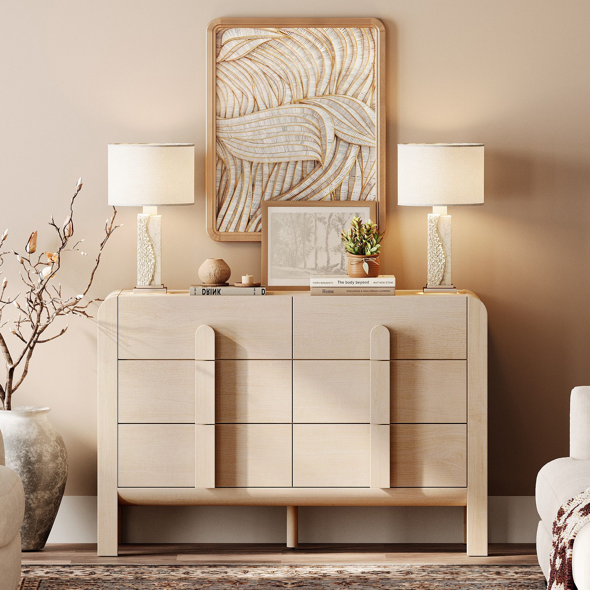 WAMPAT Kommode 120 cm breit, Sideboard mit 6 Schubladen, Holzoptik, kratzfest, wasserabweisend, für Schlafzimmer, Kinderzimmer, Flur