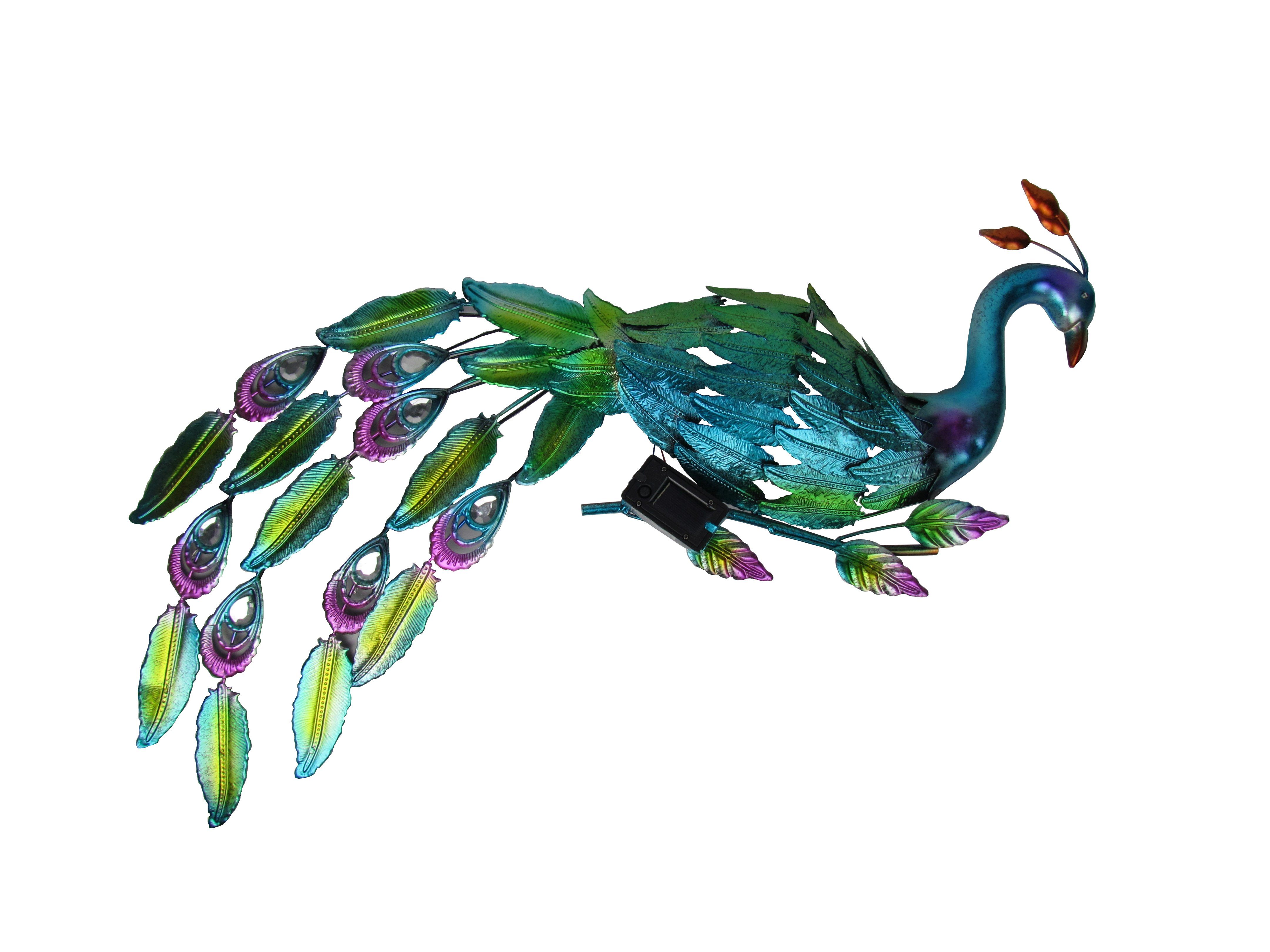 HI Wanddekoobjekt LED-Solar-Wand-Deko „Pfau“ 63 x 6 x 92cm, 11 Warmweiße LED – Dämmerungssensor